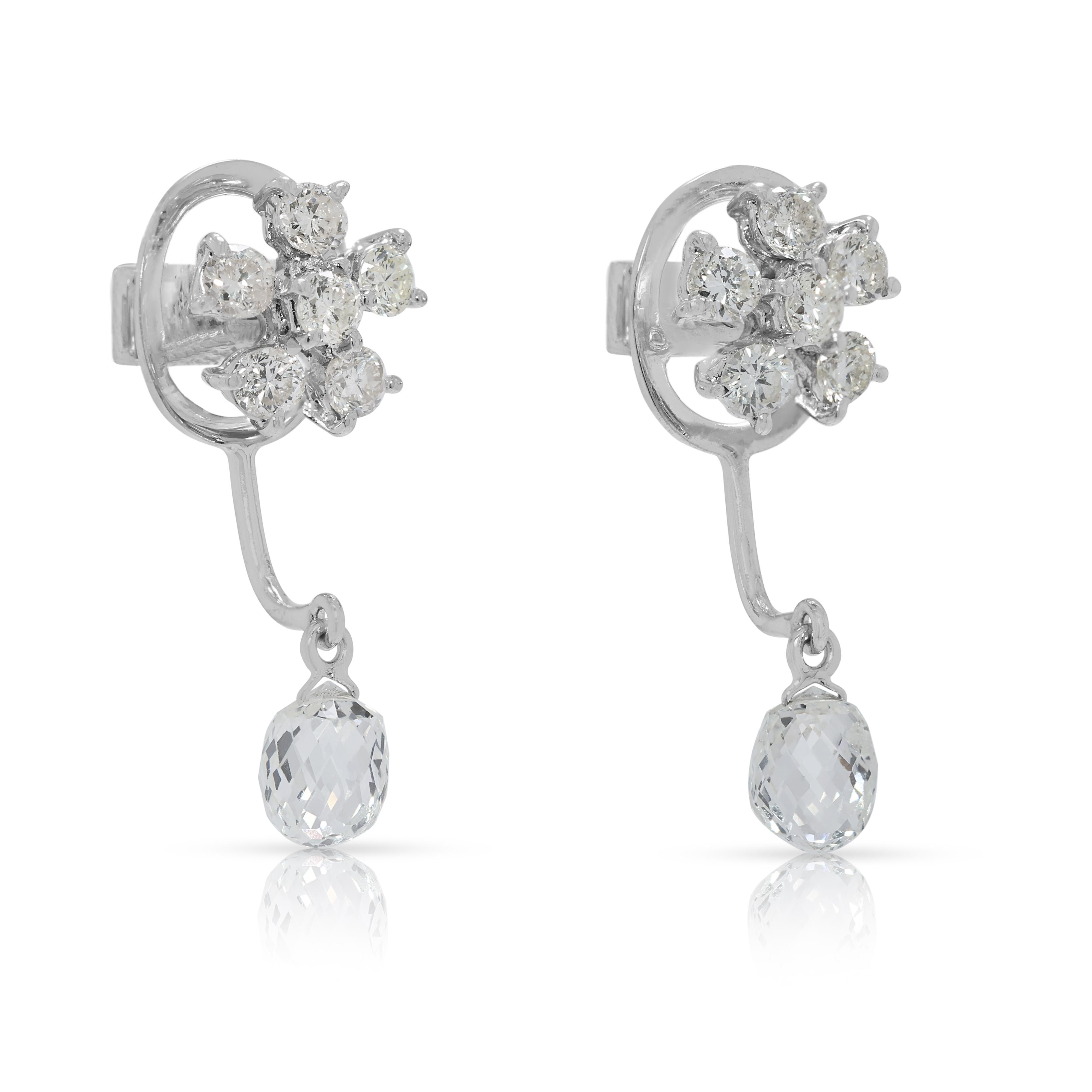 Boucles d'oreilles pendantes en or blanc 12 carats avec diamant brillant et taille rose de 0,70 ct. Excellent état - En vente à רמת גן, IL