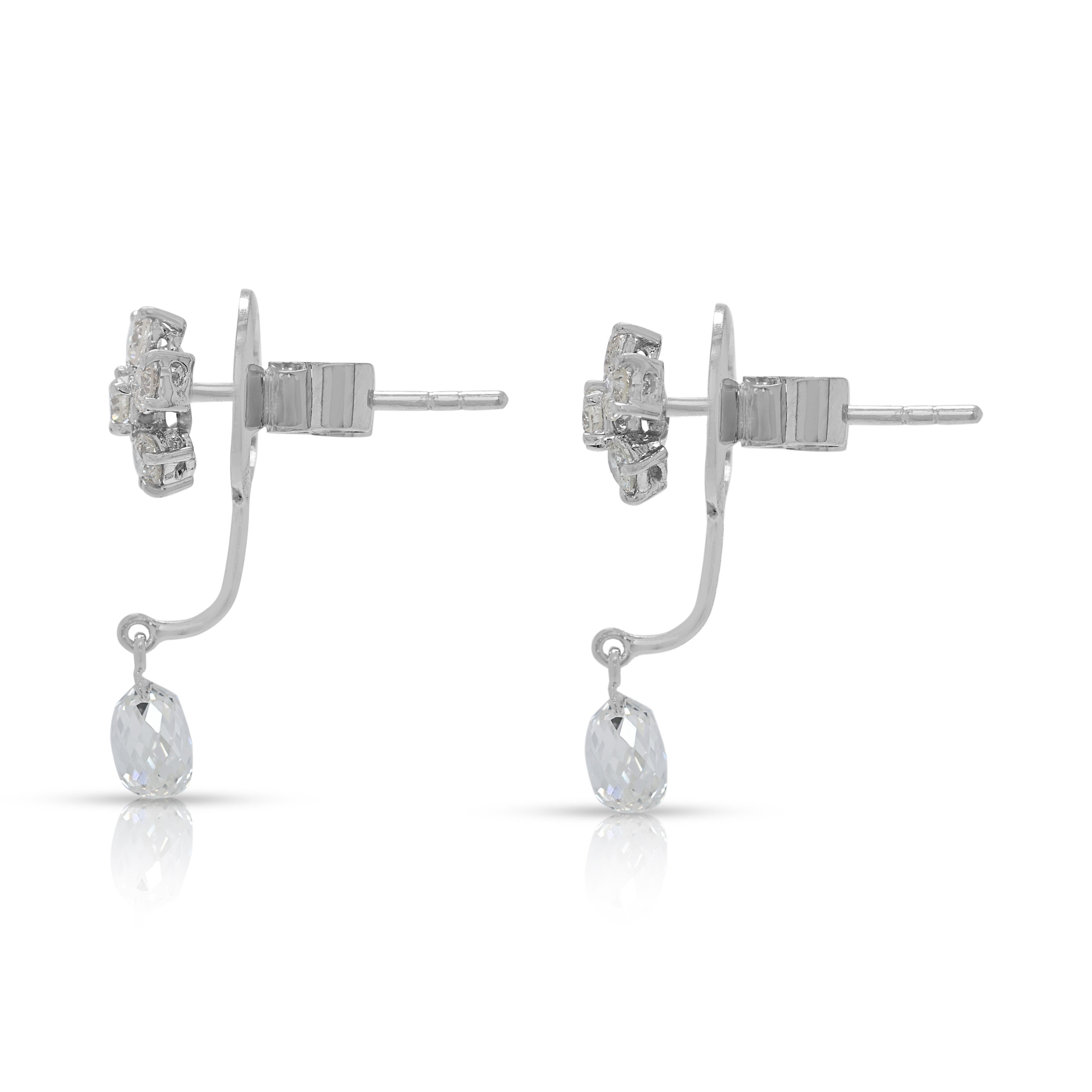 Boucles d'oreilles pendantes en or blanc 12 carats avec diamant brillant et taille rose de 0,70 ct. Pour femmes en vente