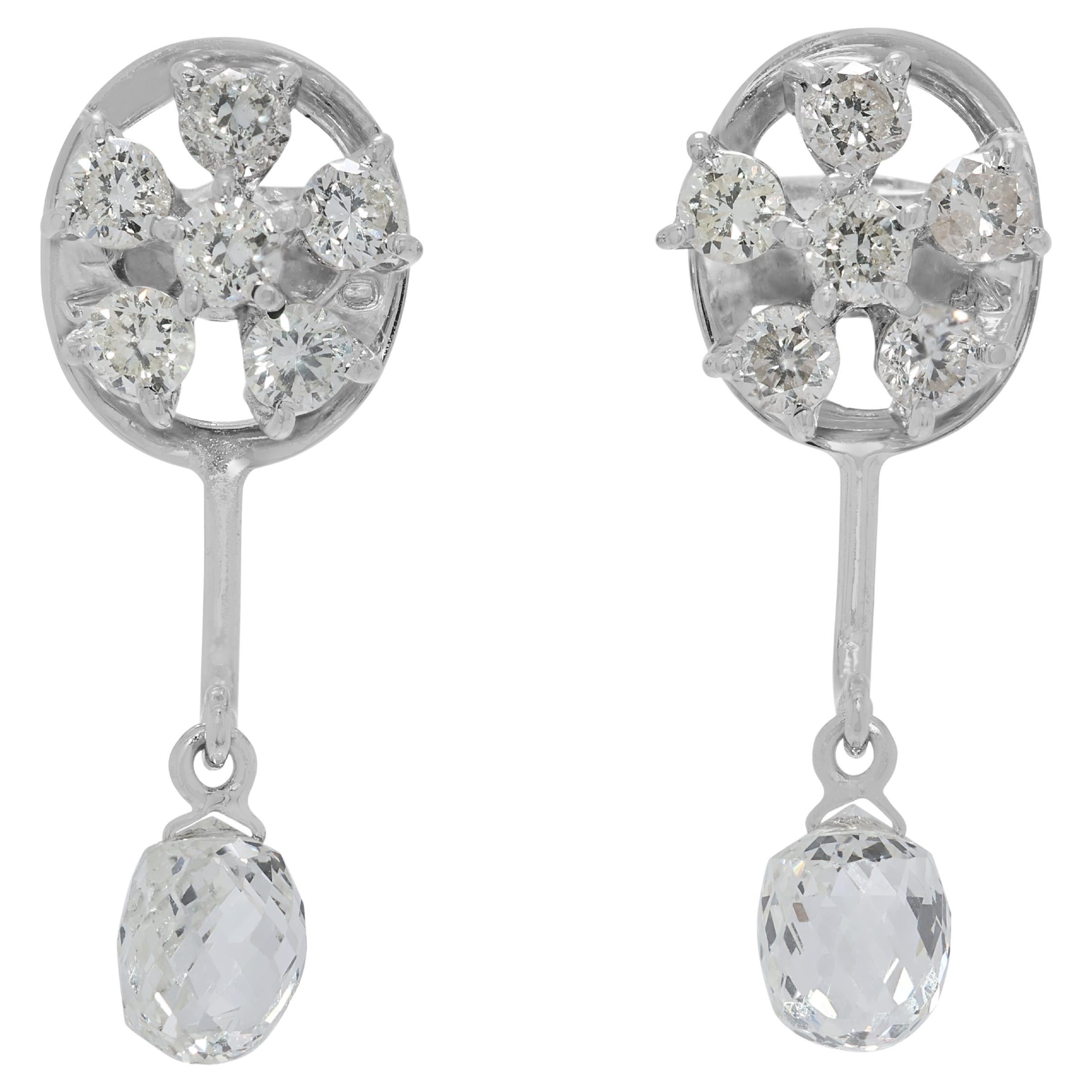 Boucles d
oreilles pendantes en or blanc 12 carats avec diamant brillant et taille rose de 0,70 ct.