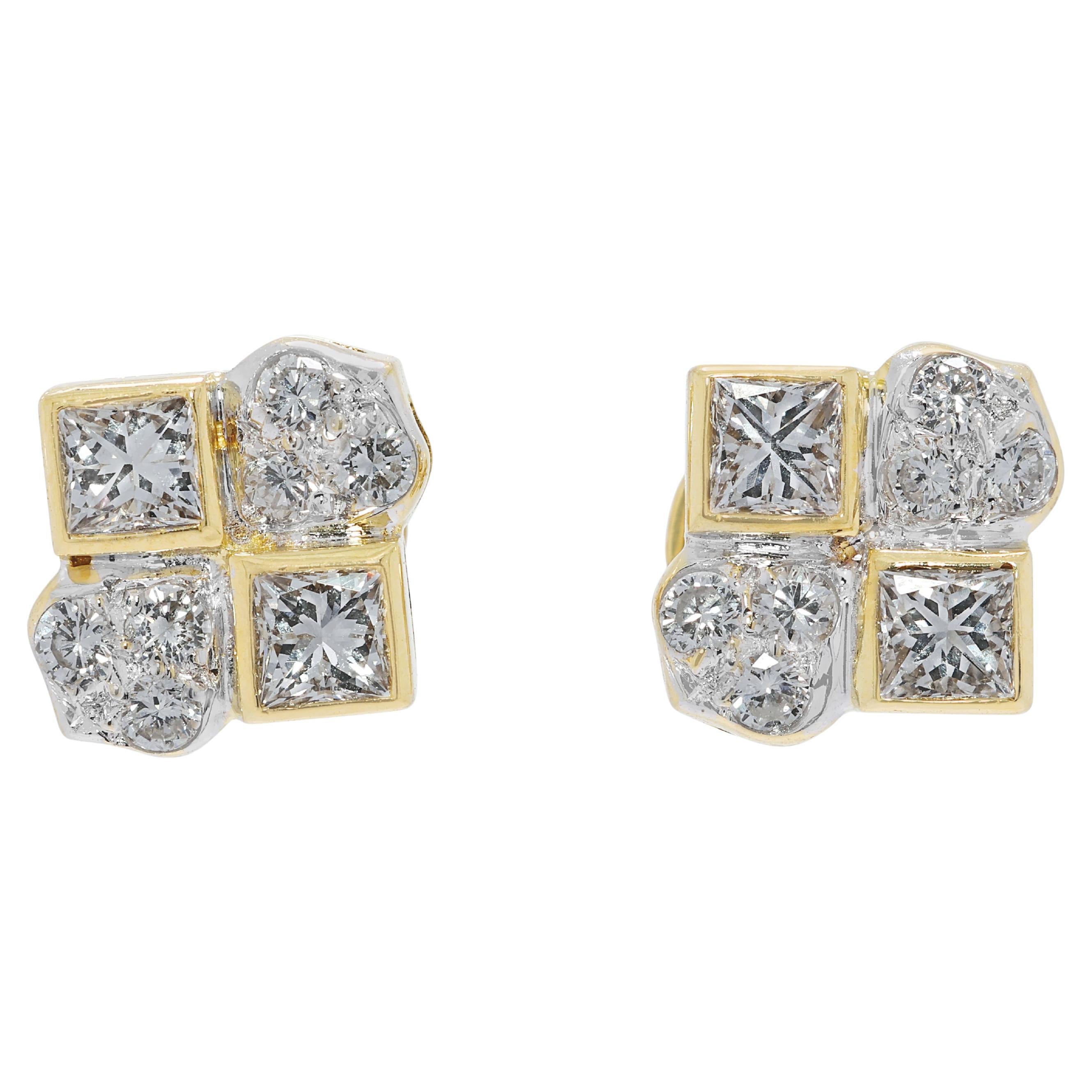 Dazzling 0.78ct Princess & Round Diamond Earrings in 18K Two-Toned Gold
