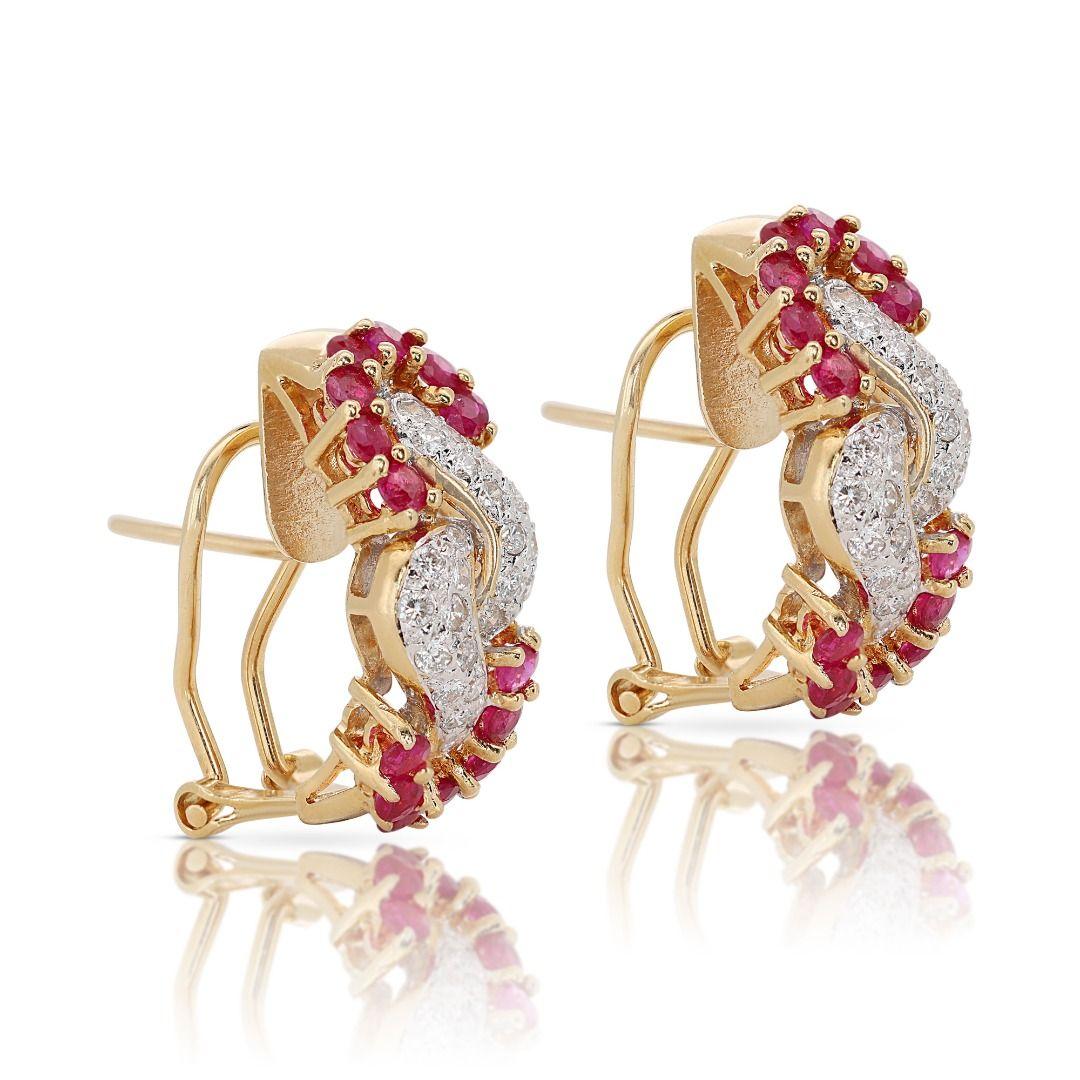 Round Cut Dazzling 0.80ct Ruby and Diamond Lever-back Earrings set in 18K Yellow Gold For Sale