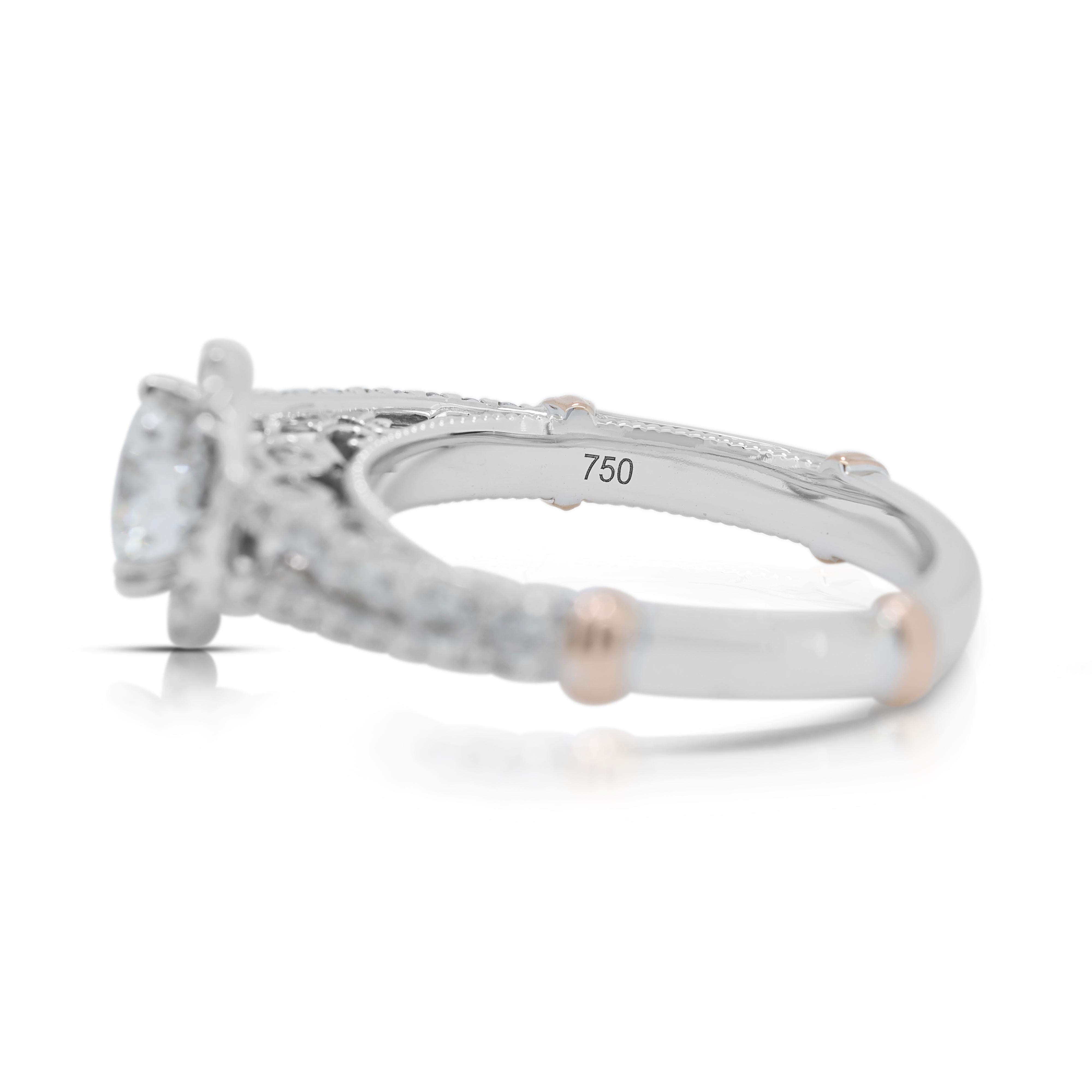 Schillernder 0,88 Karat Halo-Diamantring aus 18 Karat zweifarbigem Gold mit Diamanten - GIA zertifiziert (Rundschliff) im Angebot