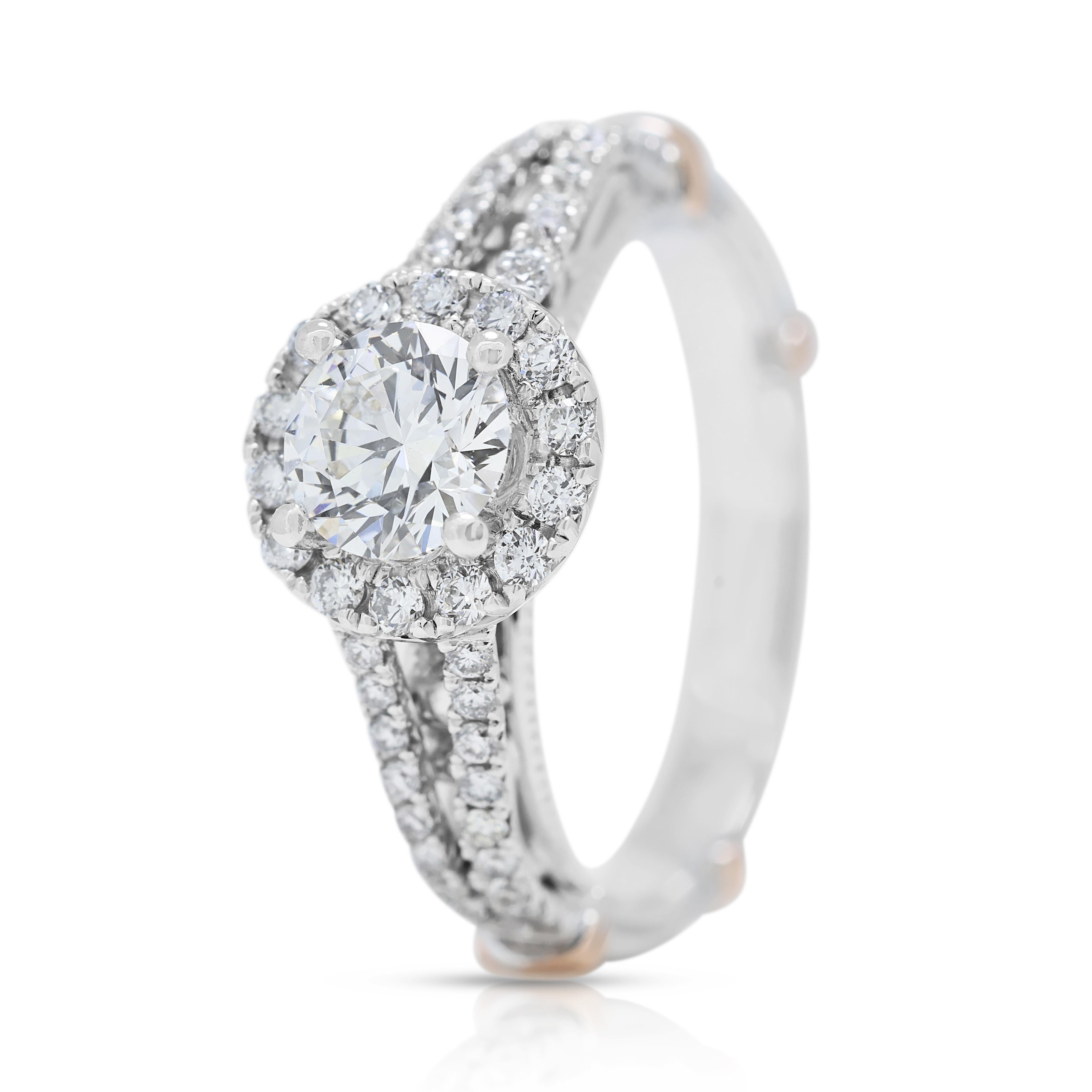 Schillernder 0,88 Karat Halo-Diamantring aus 18 Karat zweifarbigem Gold mit Diamanten - GIA zertifiziert Damen im Angebot
