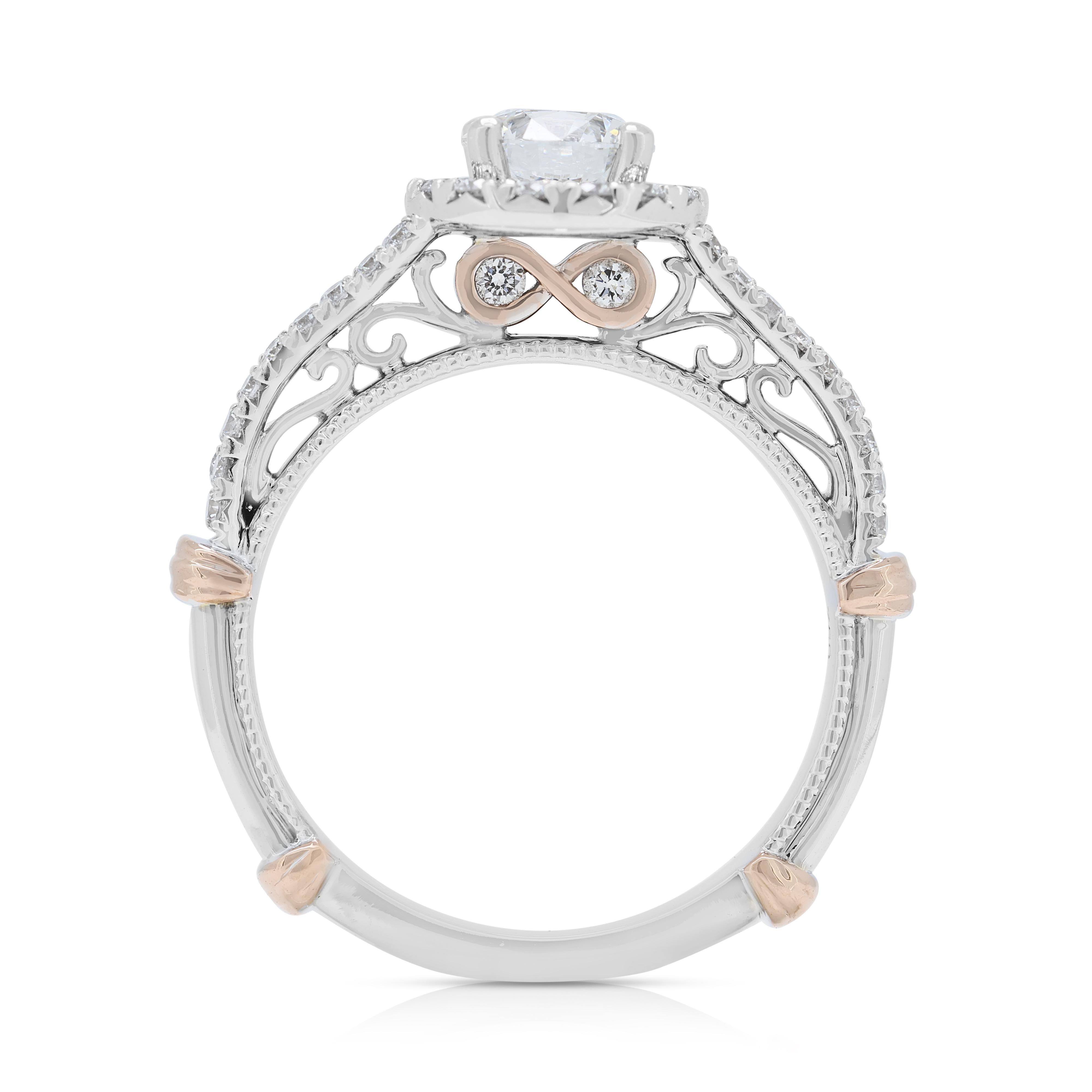 Schillernder 0,88 Karat Halo-Diamantring aus 18 Karat zweifarbigem Gold mit Diamanten - GIA zertifiziert im Angebot 3