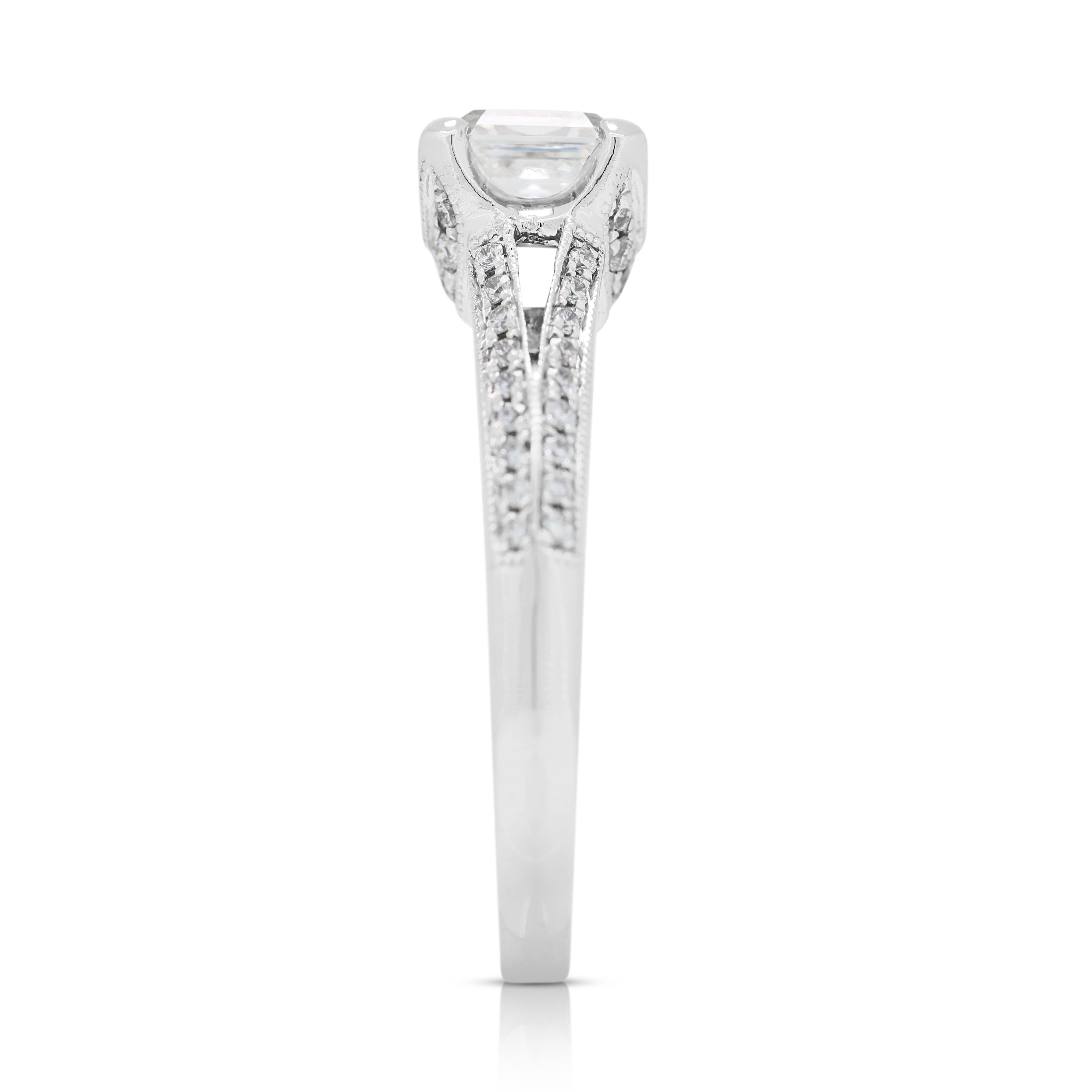Dazzling 0.89ct Emerald Cut Diamond Pave Ring in 18K White Gold For Sale 2