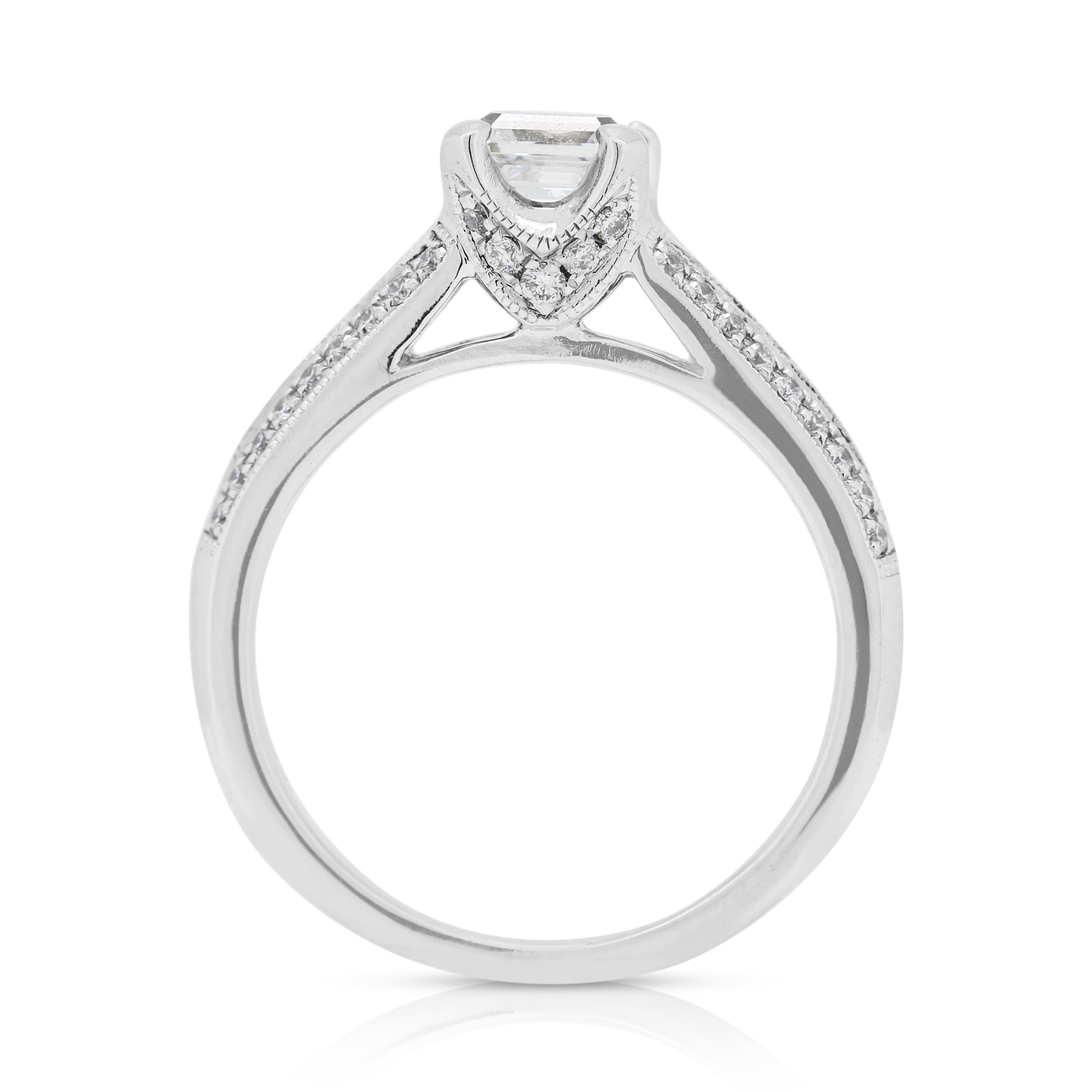Dazzling 0.89ct Emerald Cut Diamond Pave Ring in 18K White Gold For Sale 3