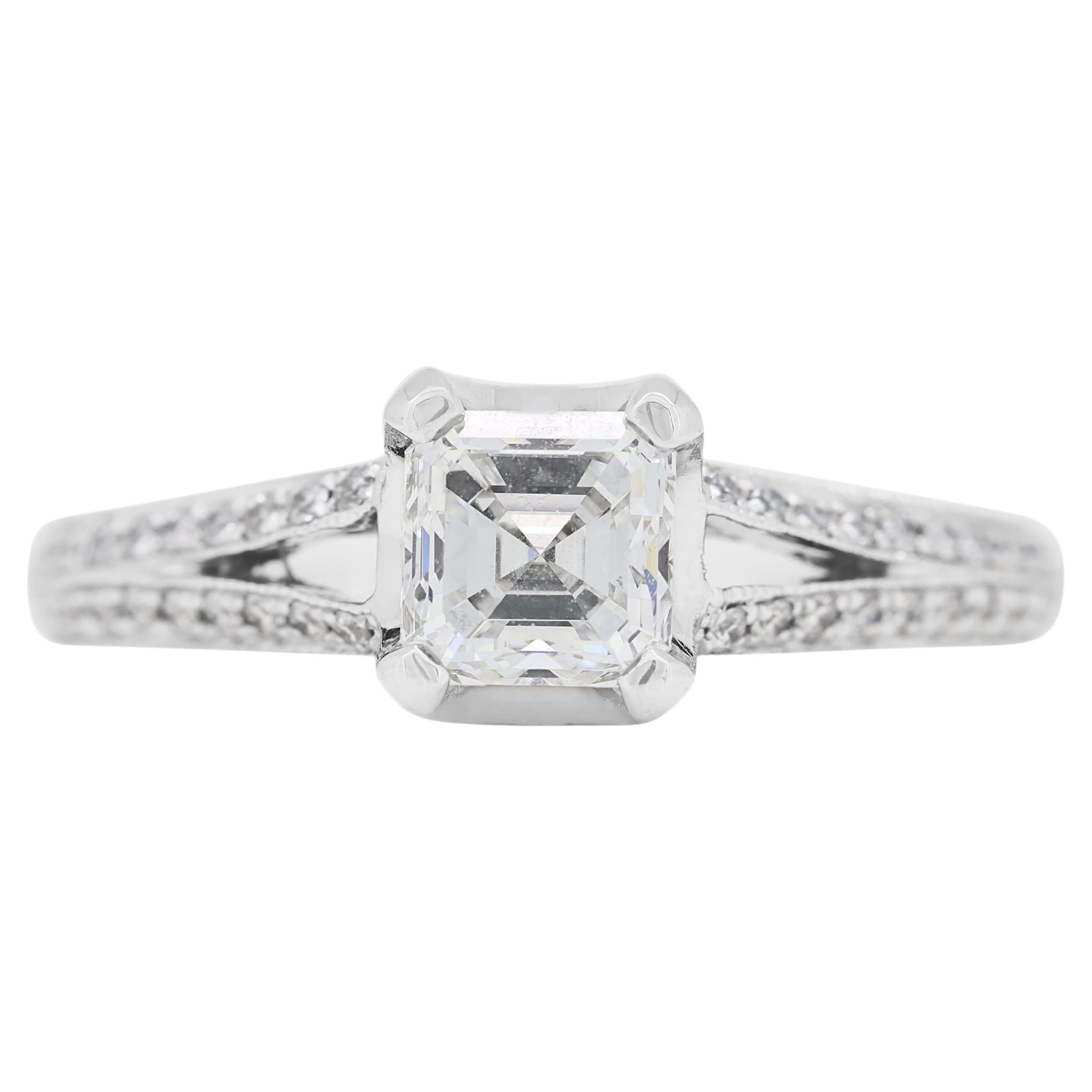 Dazzling 0.89ct Emerald Cut Diamond Pave Ring in 18K White Gold