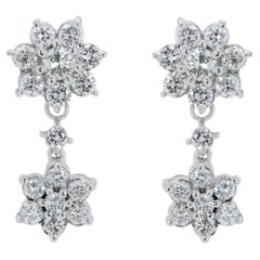 Dazzling 1 carat 86 points Natural Diamonds Dangling Earrings in 18K White Gold
