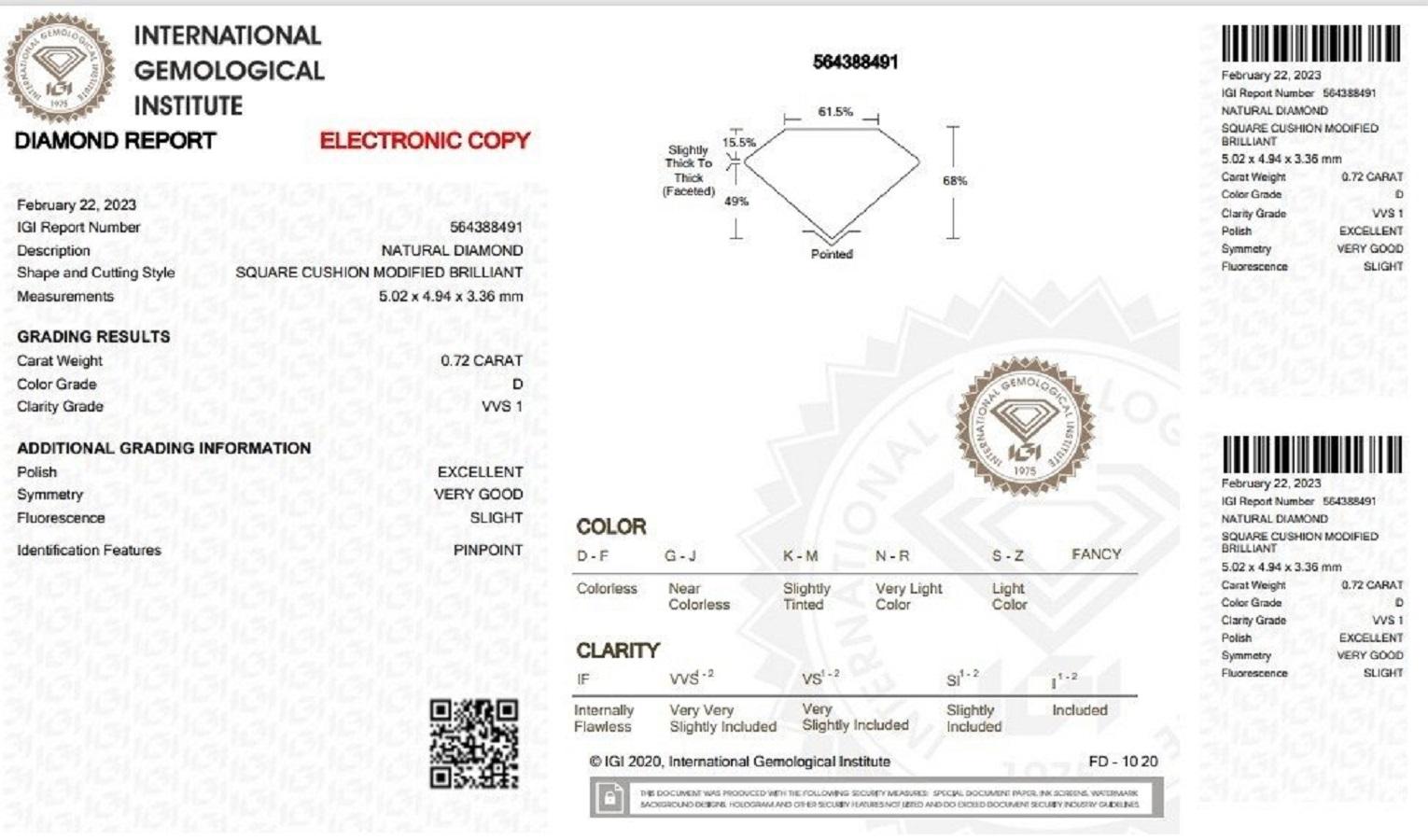 Cushion Cut Dazzling 1 Pc Natural Diamond with 0.72ct Cushion D VVS1 IGI Certificate