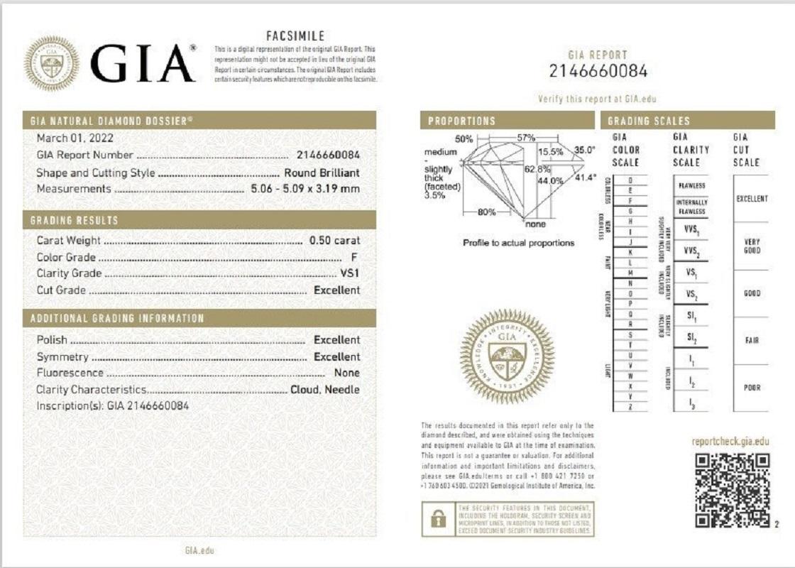 Taille ronde Eblouissant diamant naturel de 1 pc avec 0,50 ct rond F VS1 Certificat GIA en vente