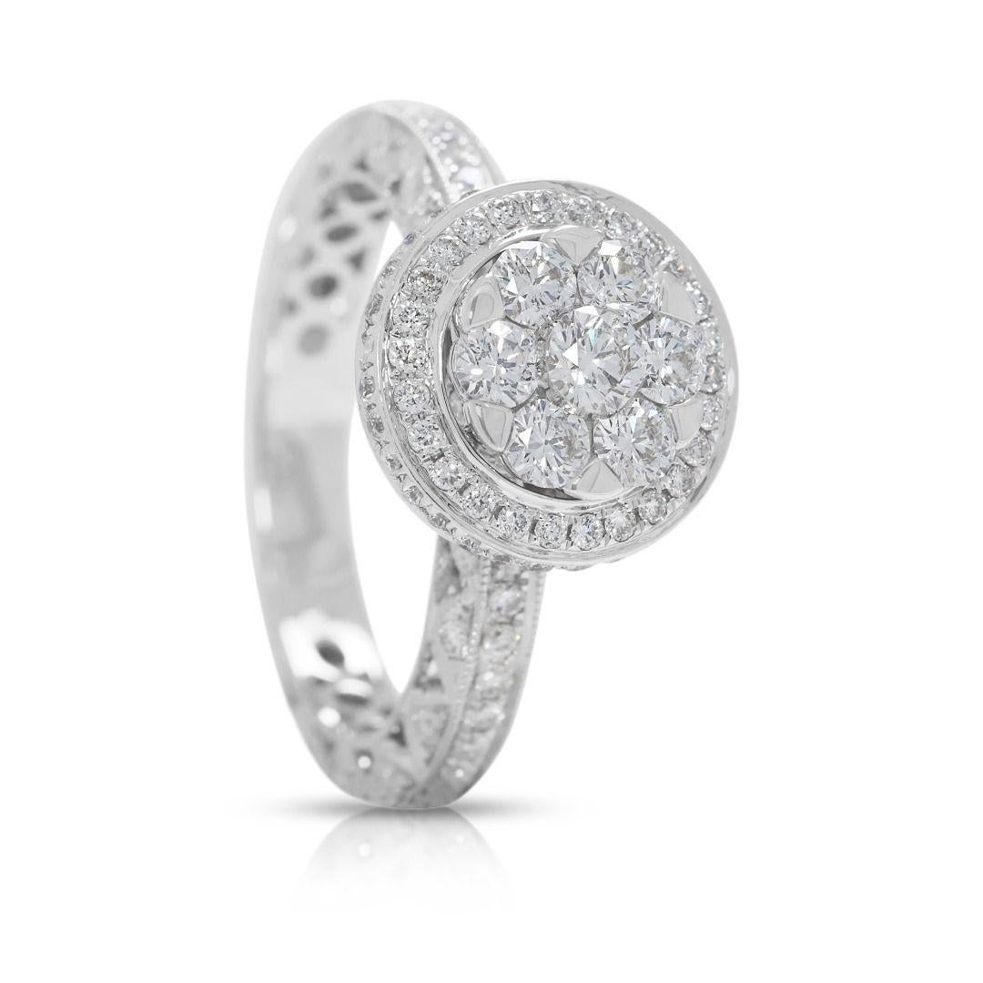 Dazzling 1.01ct Natural Diamond 18K White Gold Halo Pave Ring Unisexe en vente