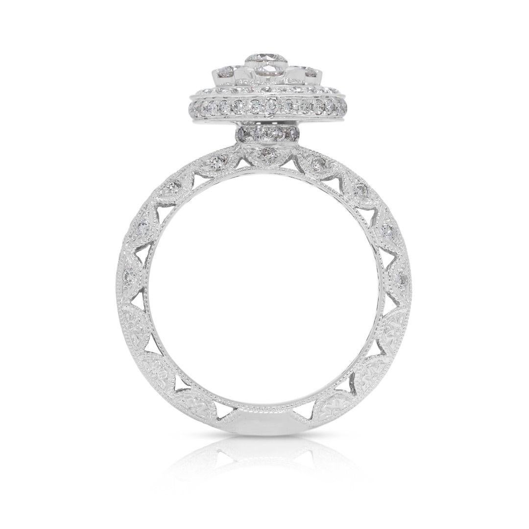 Dazzling 1.01ct Natural Diamond 18K White Gold Halo Pave Ring en vente 2