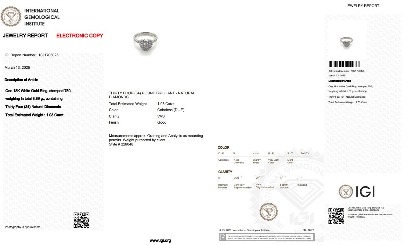 Donna Anello a forma di cuore con 1,03 carati di diamanti in oro bianco 18 carati - certificato IGI in vendita