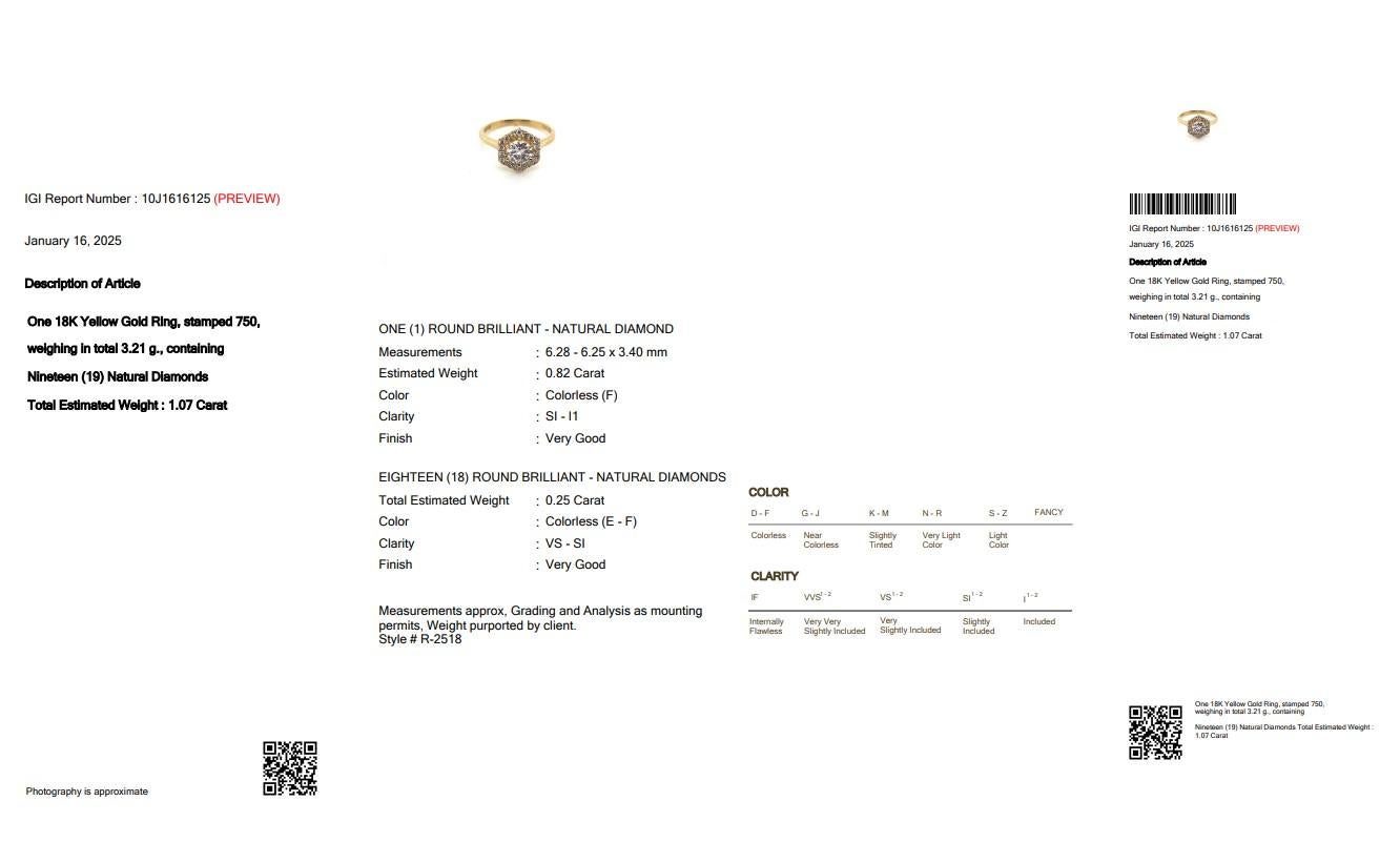 Schillernder 1,07 Karat Diamanten Halo-Ring aus 18 Karat Gelbgold - IGI-zertifiziert Damen