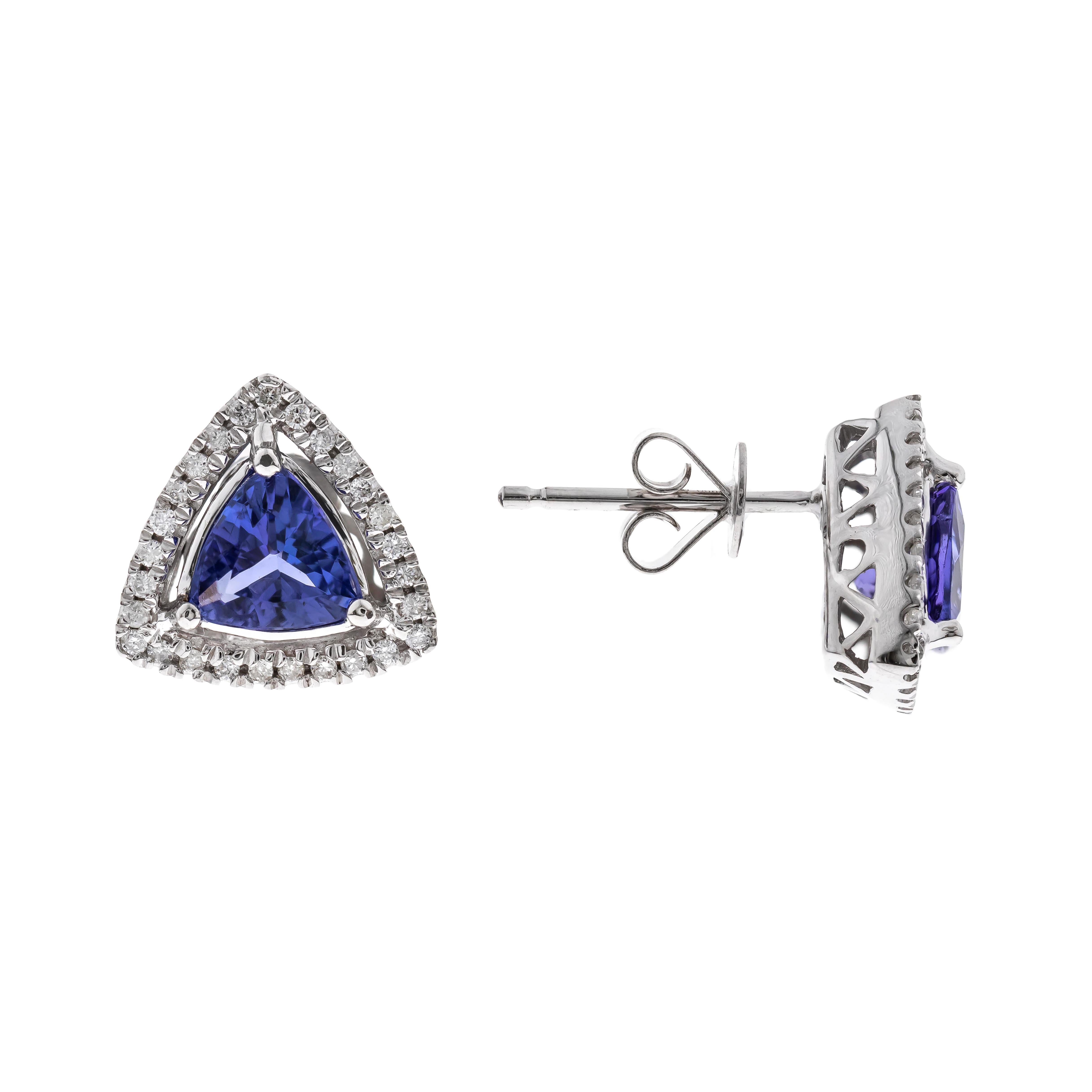 Art Deco Dazzling 10K White Gold Trillion Cut Tanzanite Earrings with Diamonds For Sale