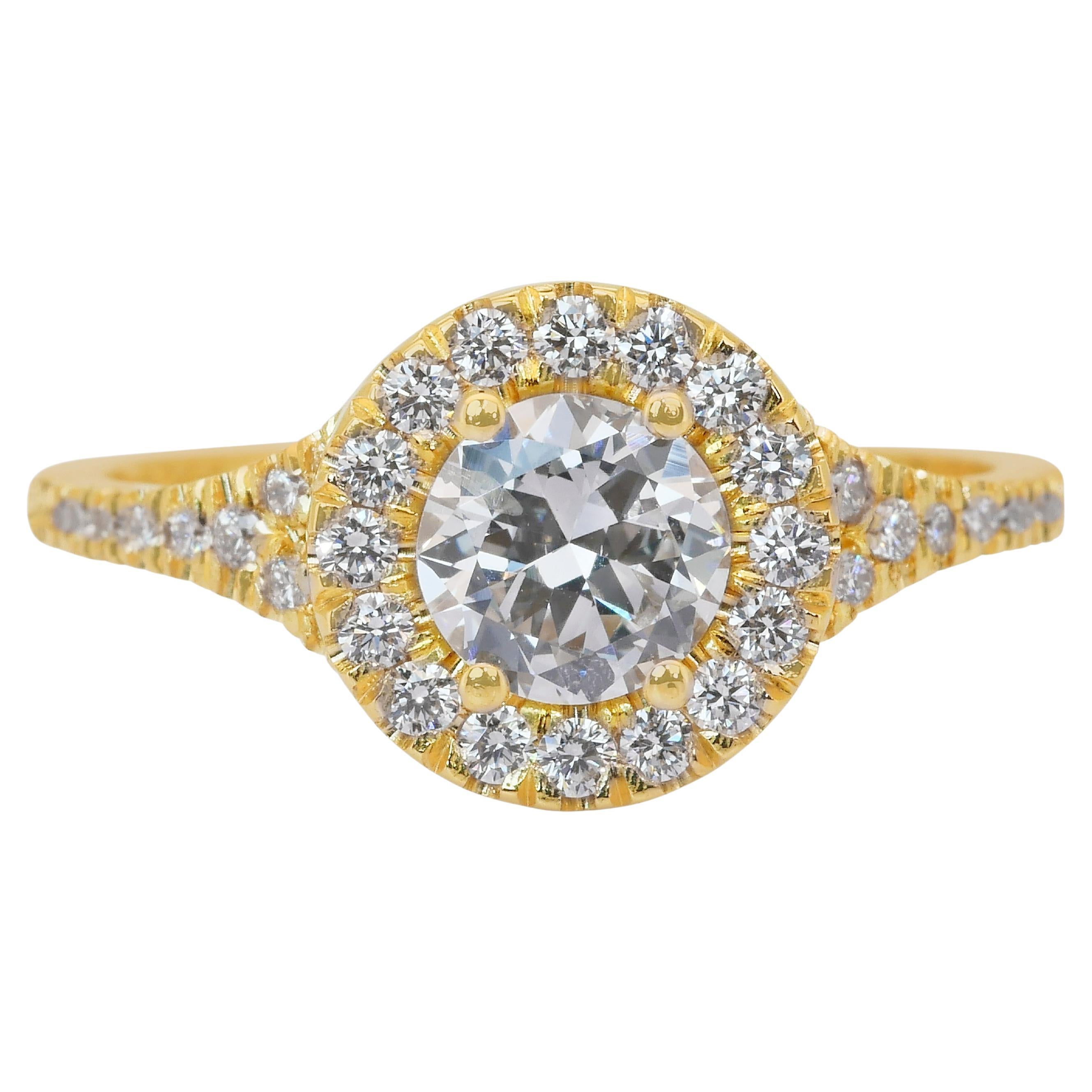 Dazzling 1.14ct Diamonds Halo Ring in 18k Yellow Gold - IGI Certified