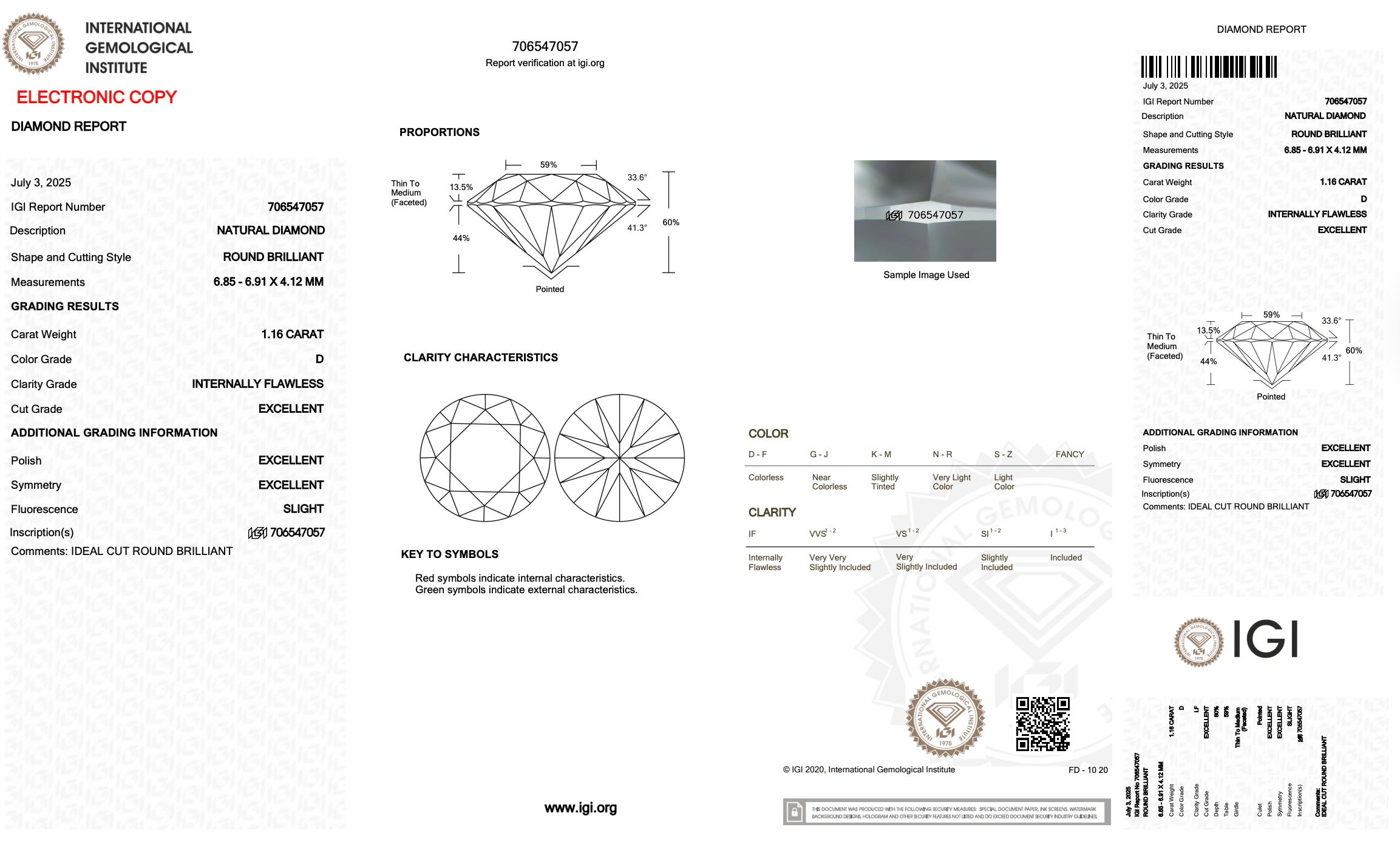 Deslumbrante diamante redondo de talla ideal triple excelente de 1.16 ct - Certificado IGI Corte redondo en venta
