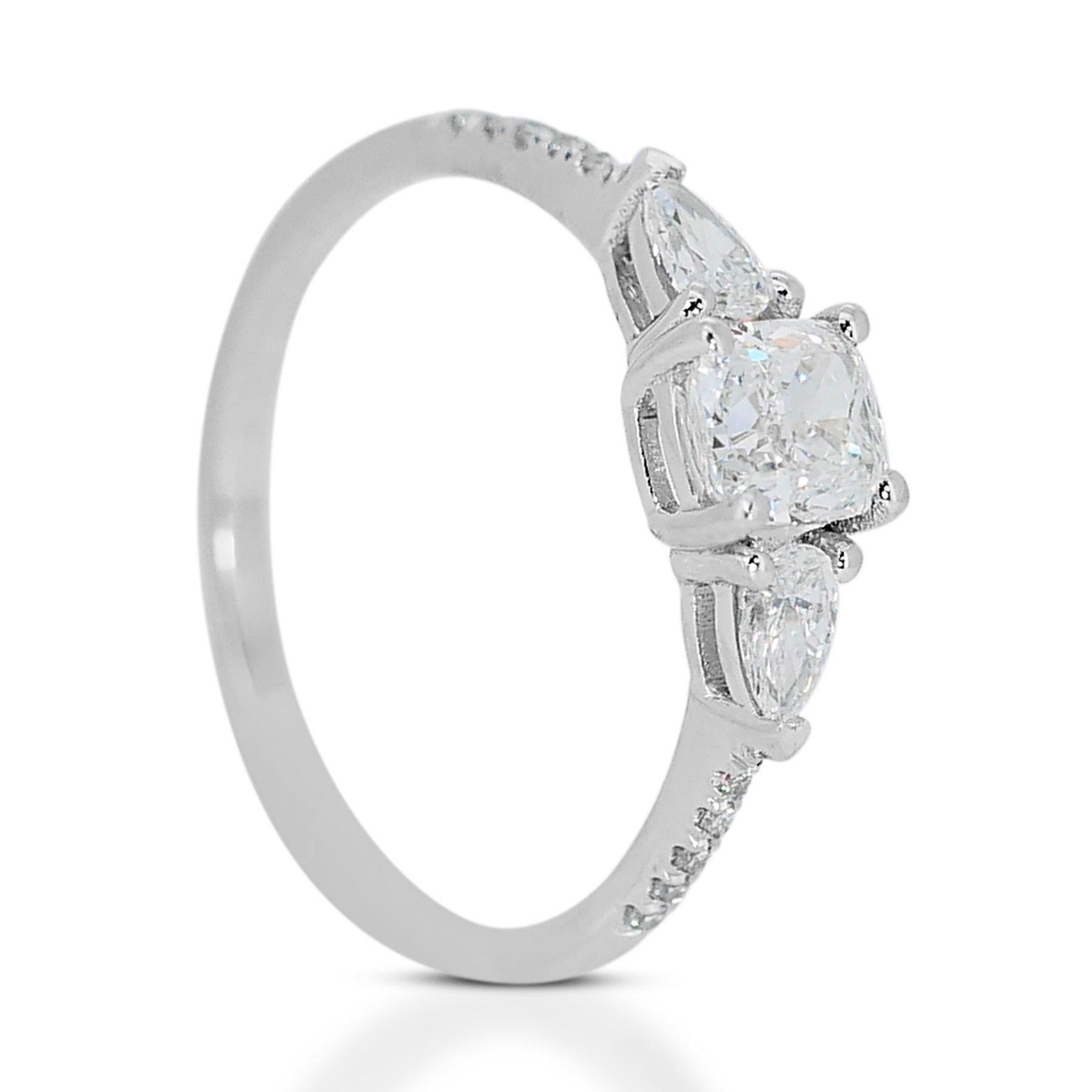 Taglio cuscino Abbagliante anello a tre pietre con doppio diamante eccellente taglio ideale da 1,17 ct. in vendita