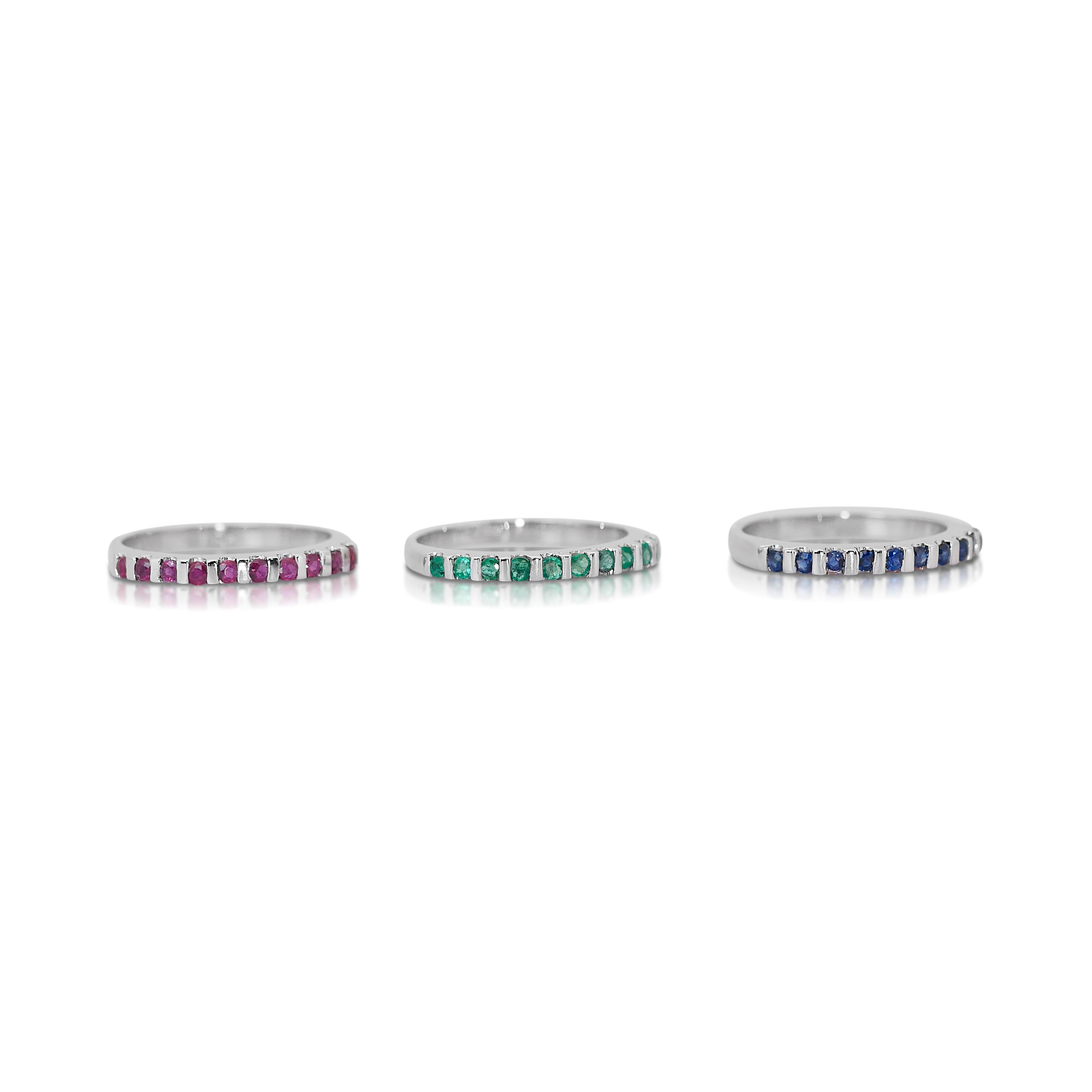 Dazzling 1.22 ct Emerald, Sapphire, Ruby, & Diamond Band Rings in 14k White Gold For Sale 11