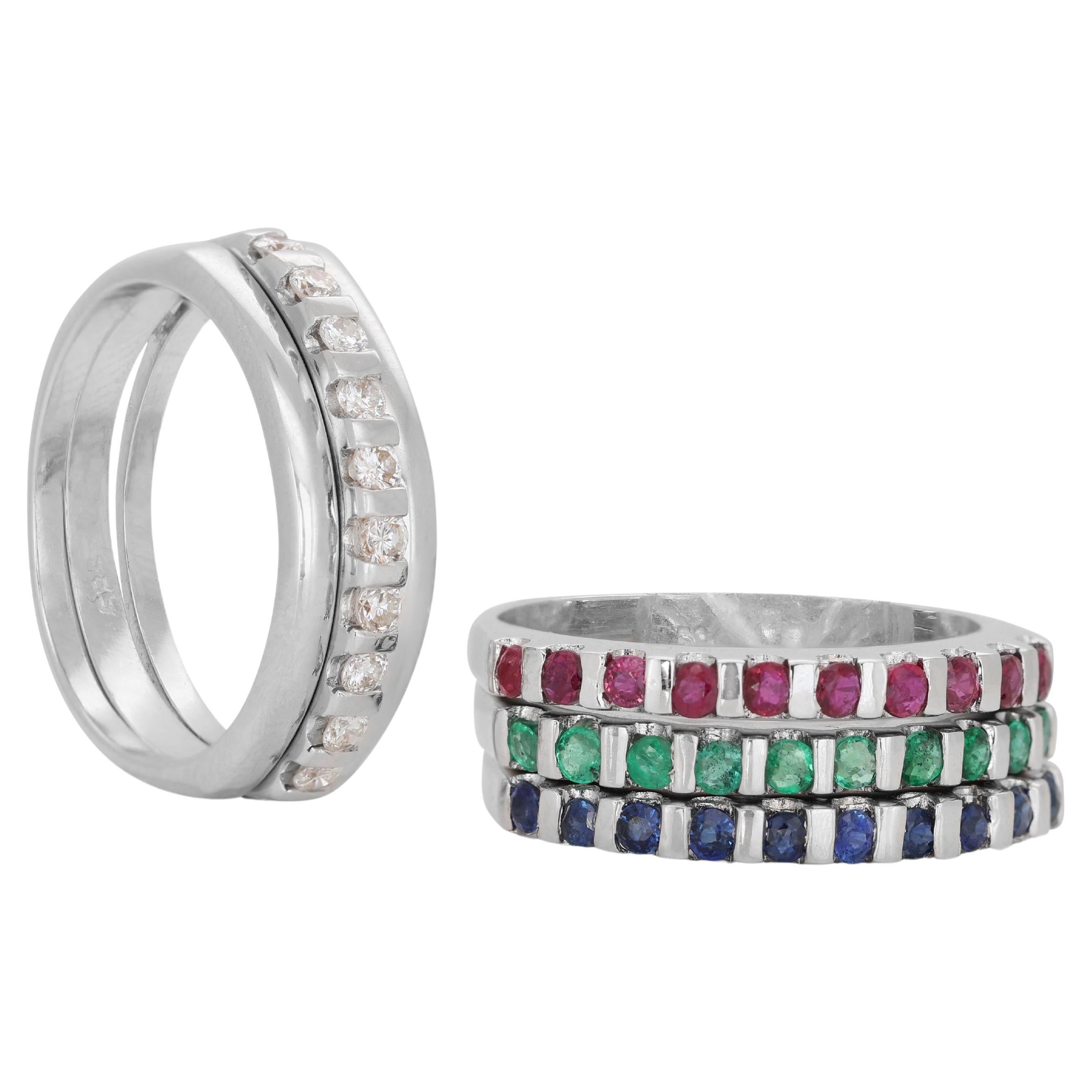 Dazzling 1.22 ct Emerald, Sapphire, Ruby, & Diamond Band Rings in 14k White Gold For Sale