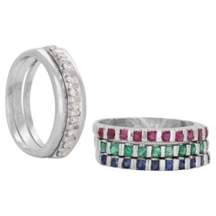 Dazzling 1.22 ct Emerald, Sapphire, Ruby, 
Diamond Band Rings in 14k White Gold