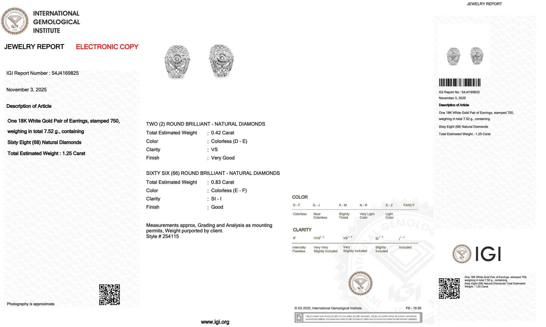 Boucles d'oreilles éblouissantes en or blanc 18 carats de 1,25 ct de diamants - certifiées IGI en vente 1