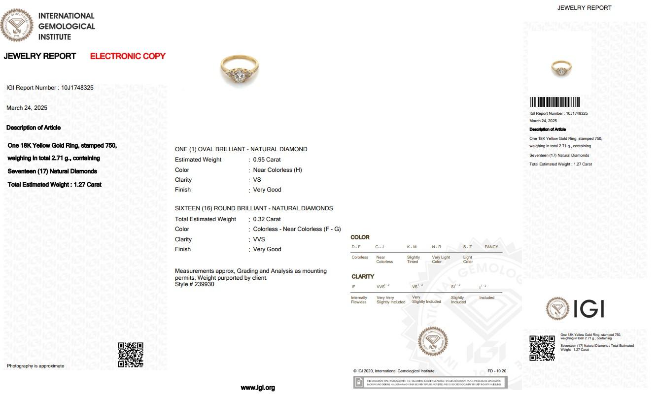 Éblouissante bague en or jaune 18 carats avec pavé de 1,27 ct de diamants - certifiée IGI en vente 1