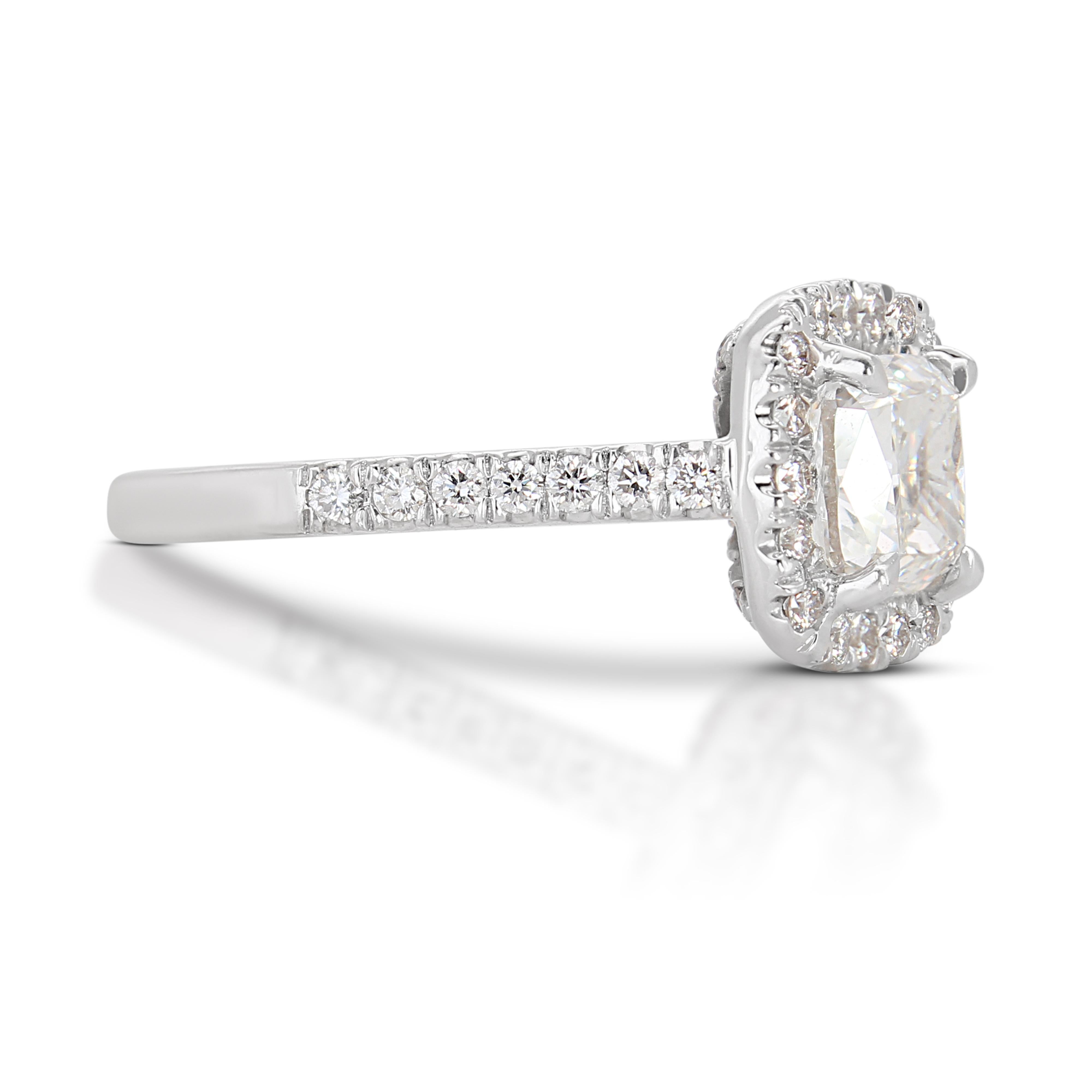 Cushion Cut Dazzling 1.30ct Diamond Halo Ring with Side Diamonds in 18k White Gold For Sale