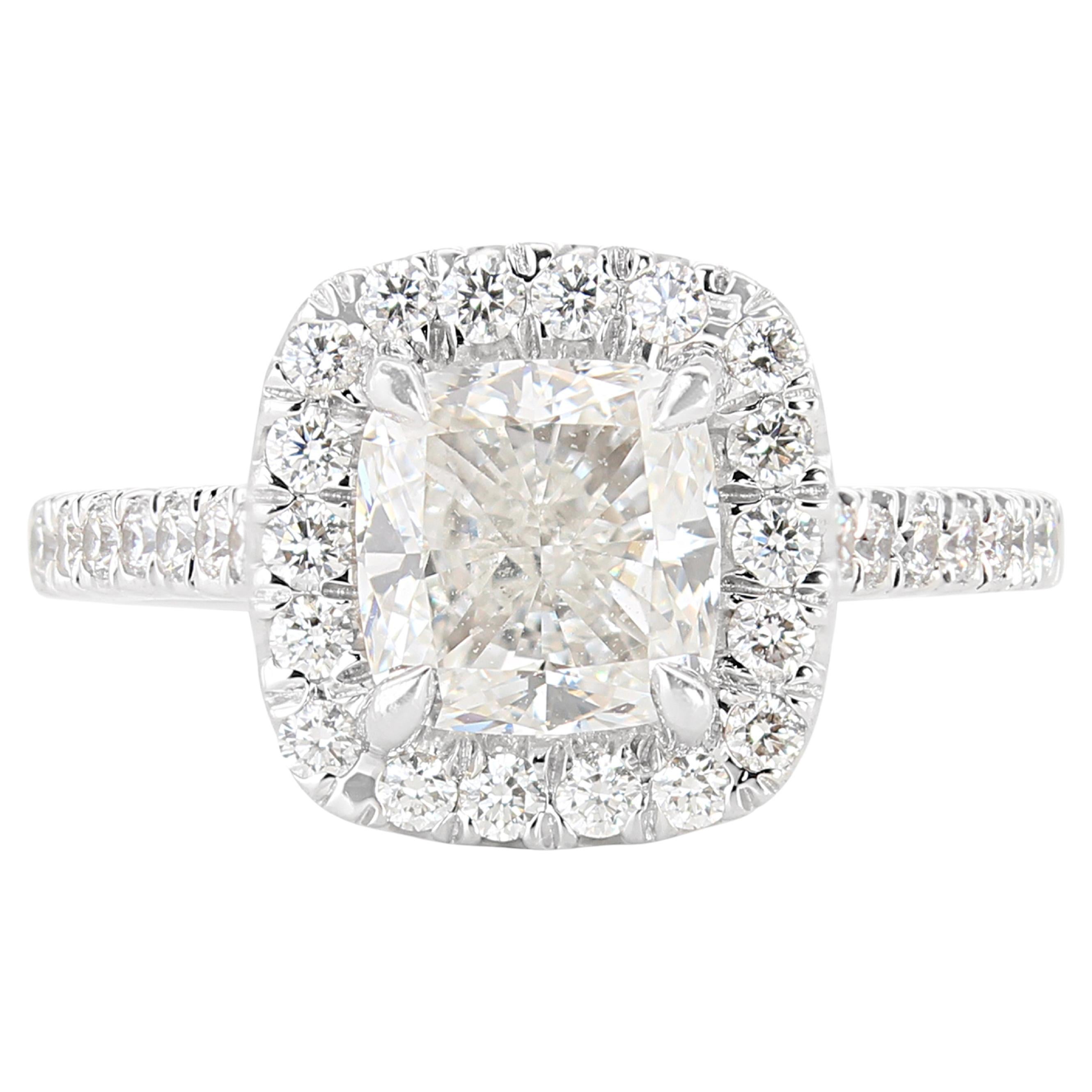 Dazzling 1.30ct Diamond Halo Ring with Side Diamonds in 18k White Gold For Sale