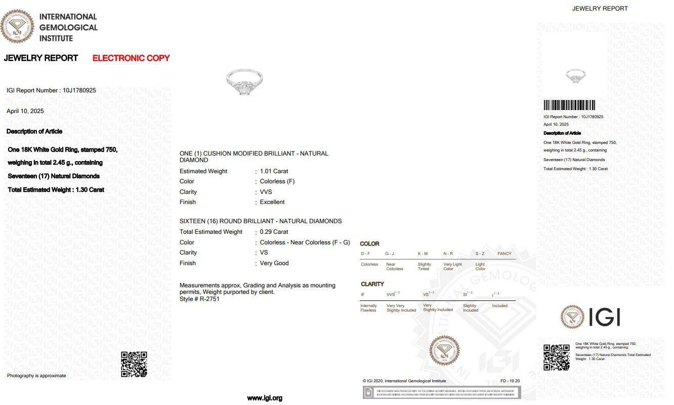 Deslumbrante anillo con pavé de diamantes de 1,30 ct en oro blanco de 18k - Certificado IGI en venta 1