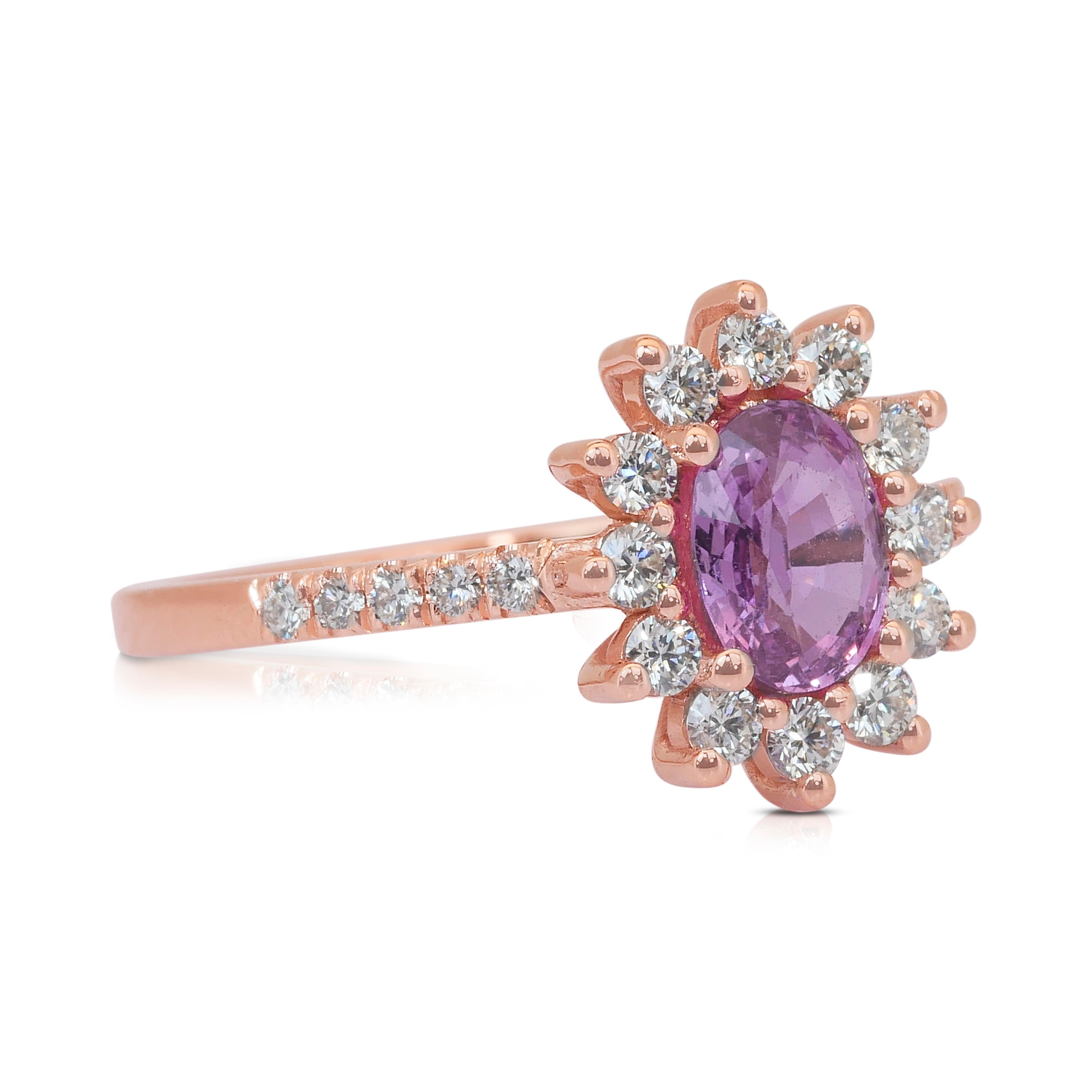 Dazzling 1.31ct Sapphire and Diamonds Cocktail Ring in 18k Rose Gold - GIA Certified

This stunning 18k rose gold cocktail ring showcases a captivating 0.88-carat oval pink sapphire, radiating a soft and romantic allure. Surrounded by 22 sparkling