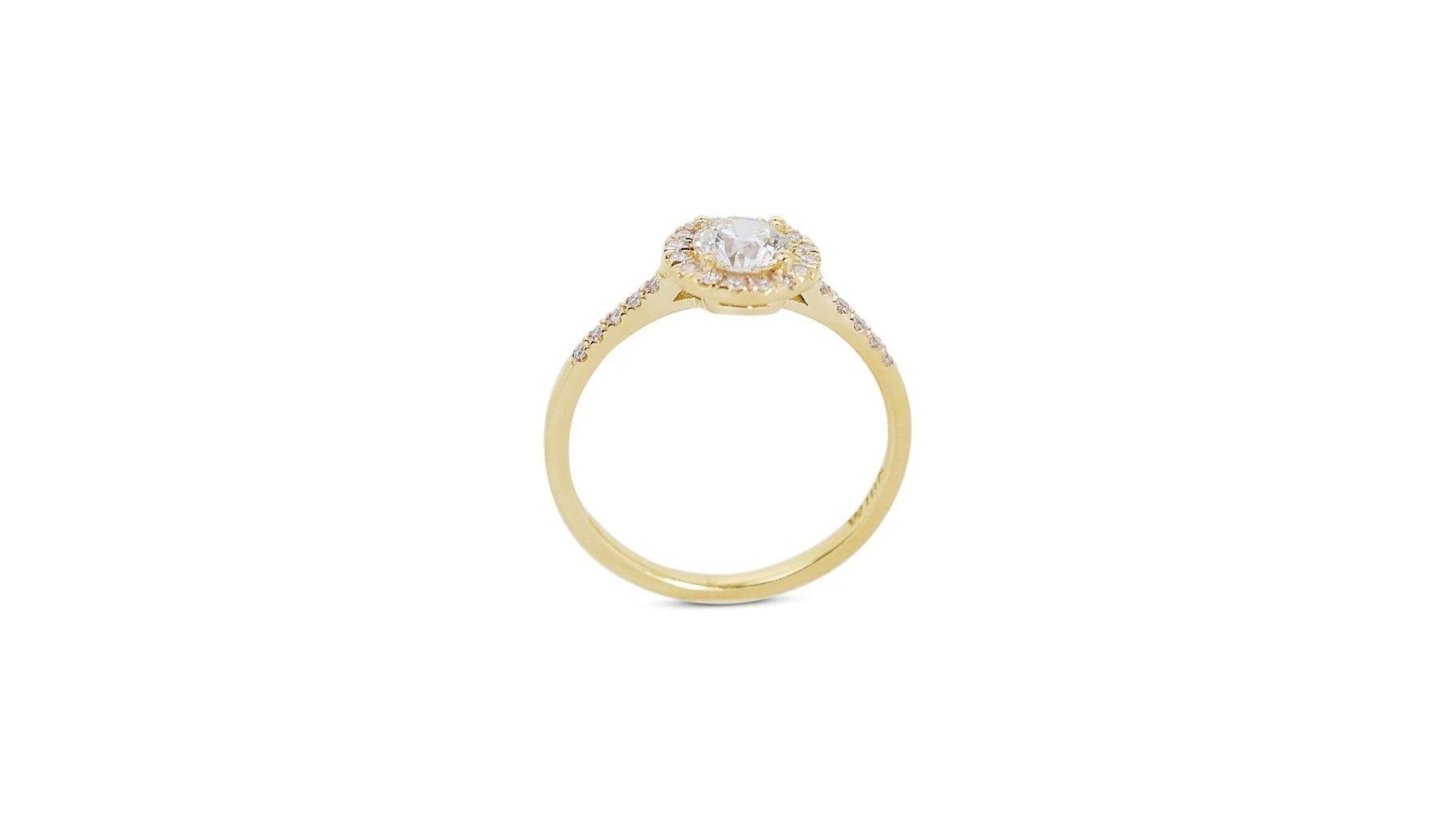 Schillernder 1,36 Karat Diamanten Halo-Ring aus 18 Karat Gelbgold - GIA zertifiziert

Enthüllen Sie die Essenz zeitloser Eleganz mit diesem klassischen Halo-Ring aus 18 Karat Gelbgold, in dessen Zentrum ein prächtiger runder Diamant von 1,16 Karat