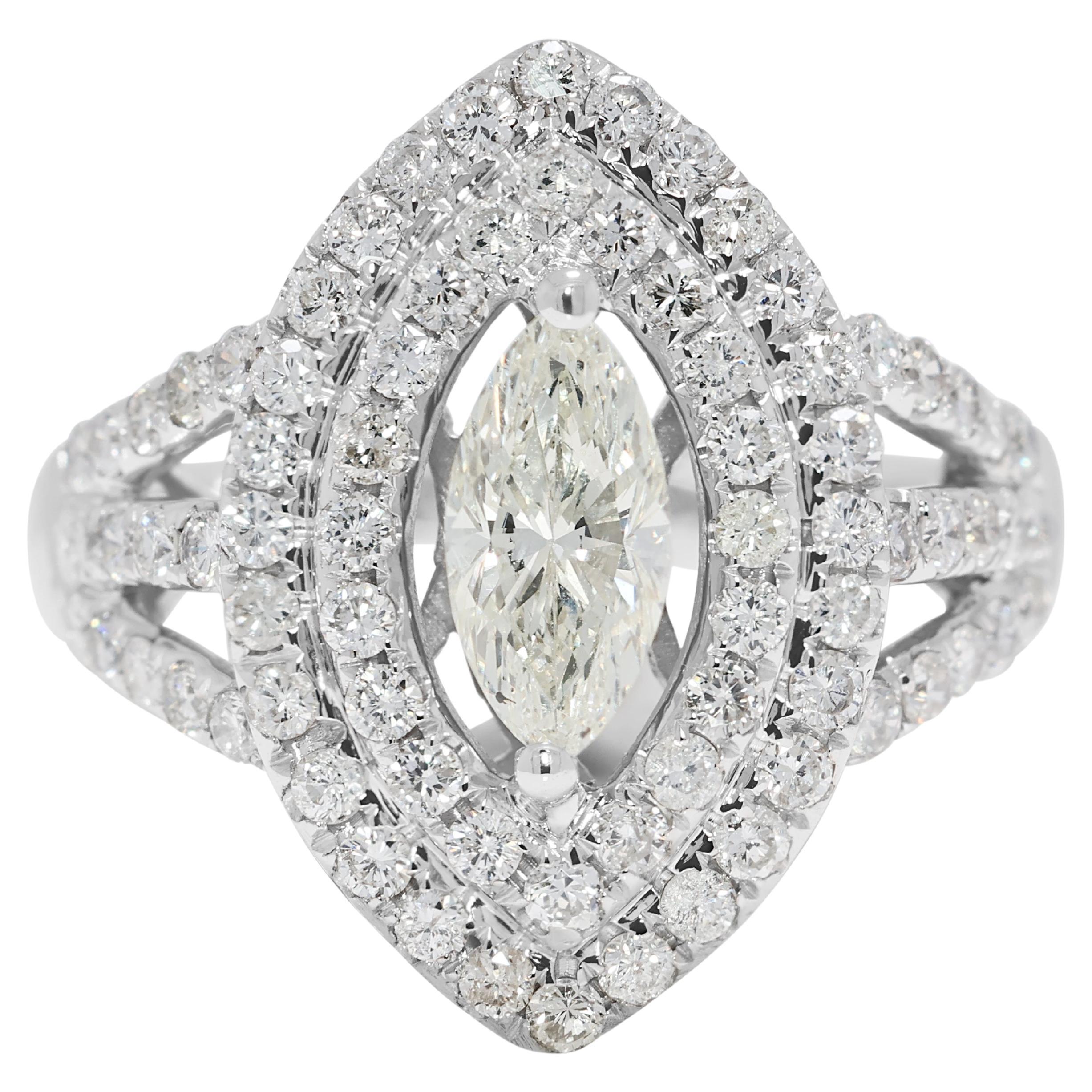Dazzling 1.39ct Halo Diamond Ring in 18K White Gold For Sale