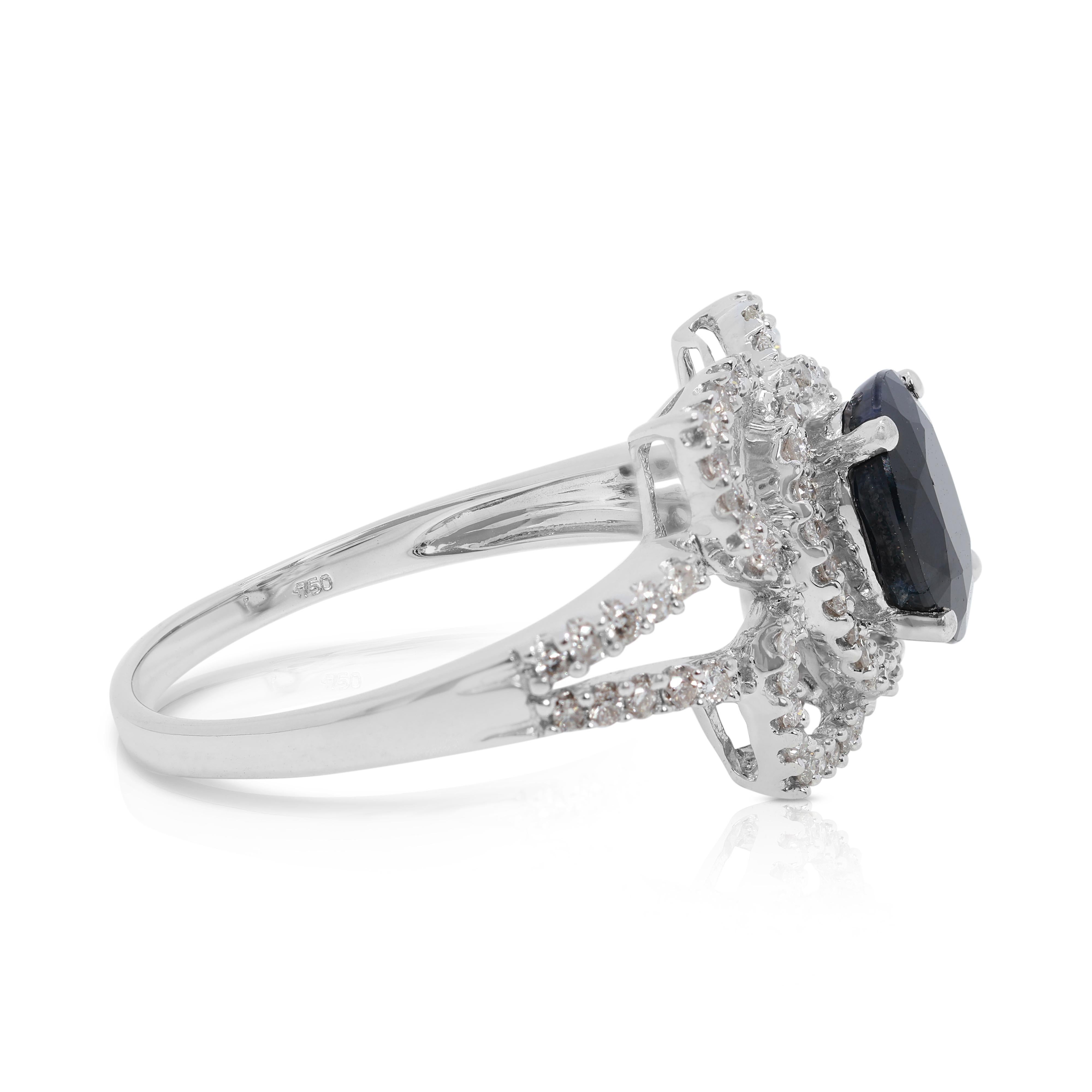 Oval Cut Dazzling 1.45ct Sapphire and Natural Diamond Cluster Ring in 18K White Gold