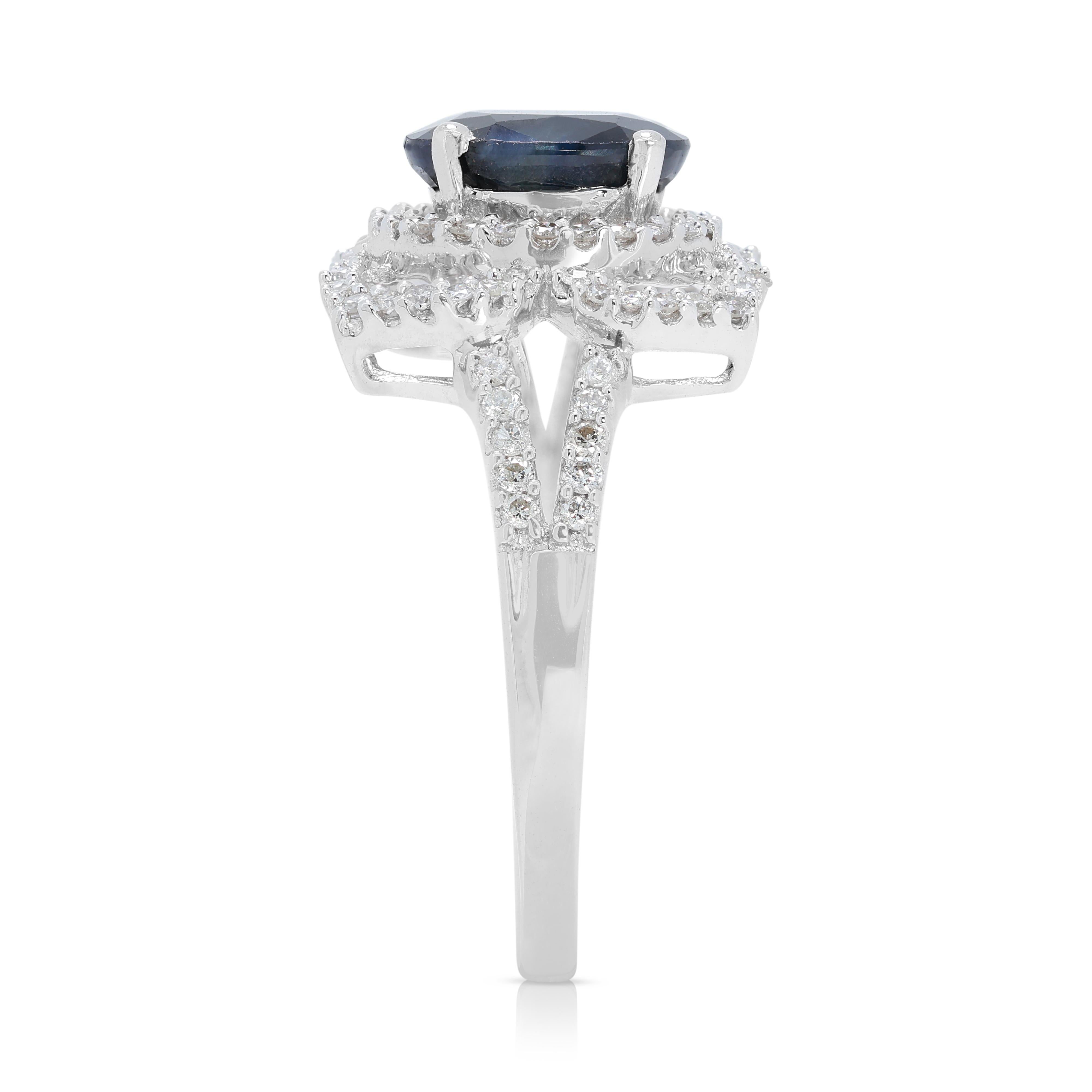 Women's Dazzling 1.45ct Sapphire and Natural Diamond Cluster Ring in 18K White Gold