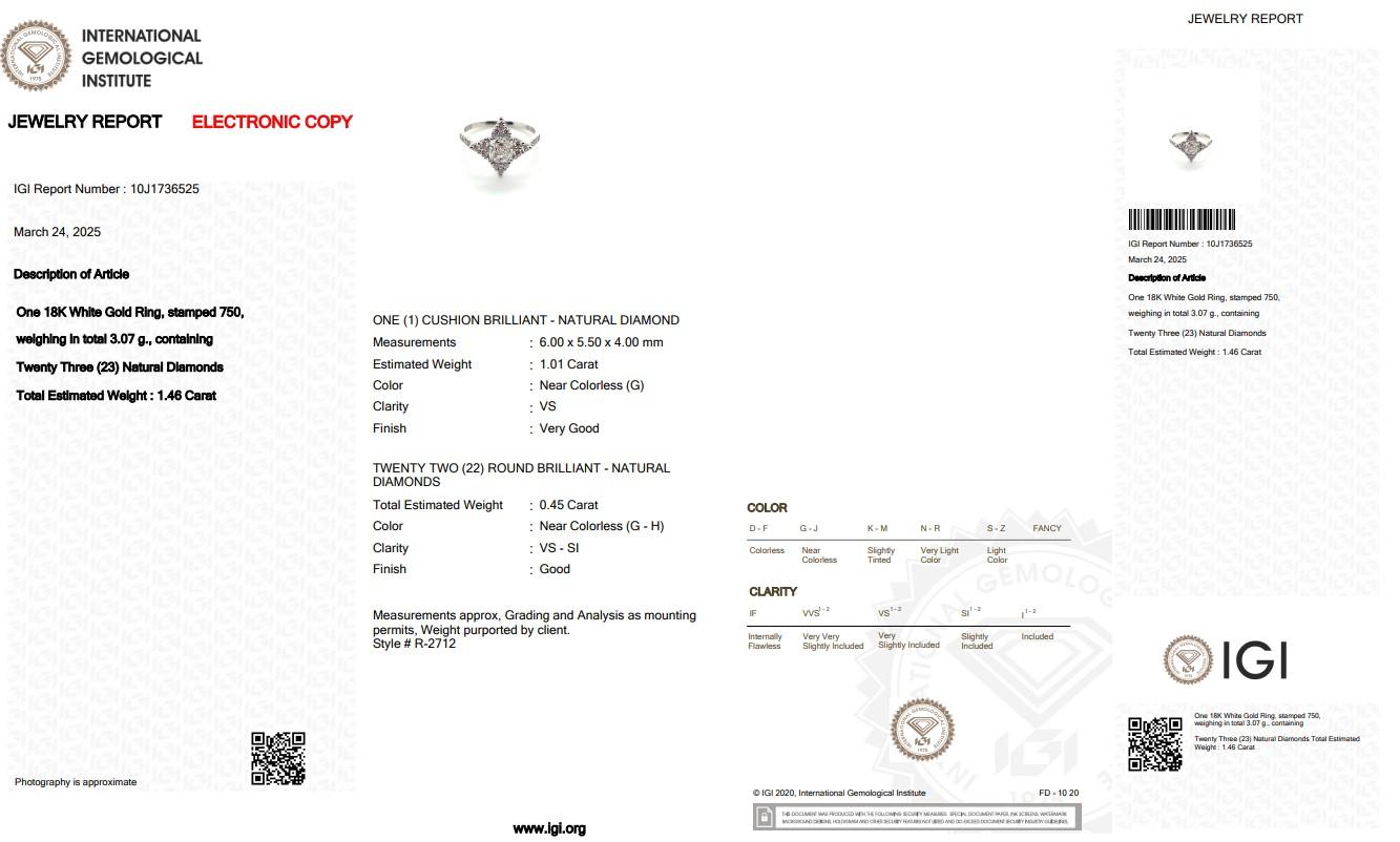 Anello con 1,46 carati di diamanti in oro bianco 18 carati - Certificato IGI in vendita 1