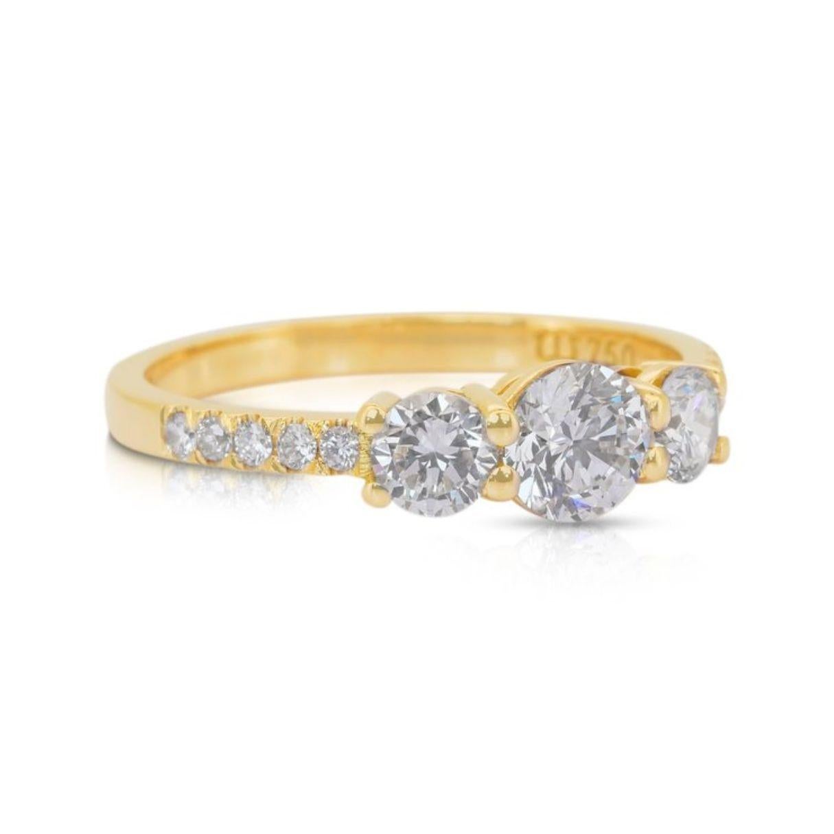 Éblouissante bague à 3 pierres en or jaune 18 carats avec diamants 1,47 carat certifiée IGI

Offrez-vous une sophistication intemporelle avec cette superbe bague en or jaune 18 carats ornée de diamants. Au centre, un diamant rond lumineux de 0,50