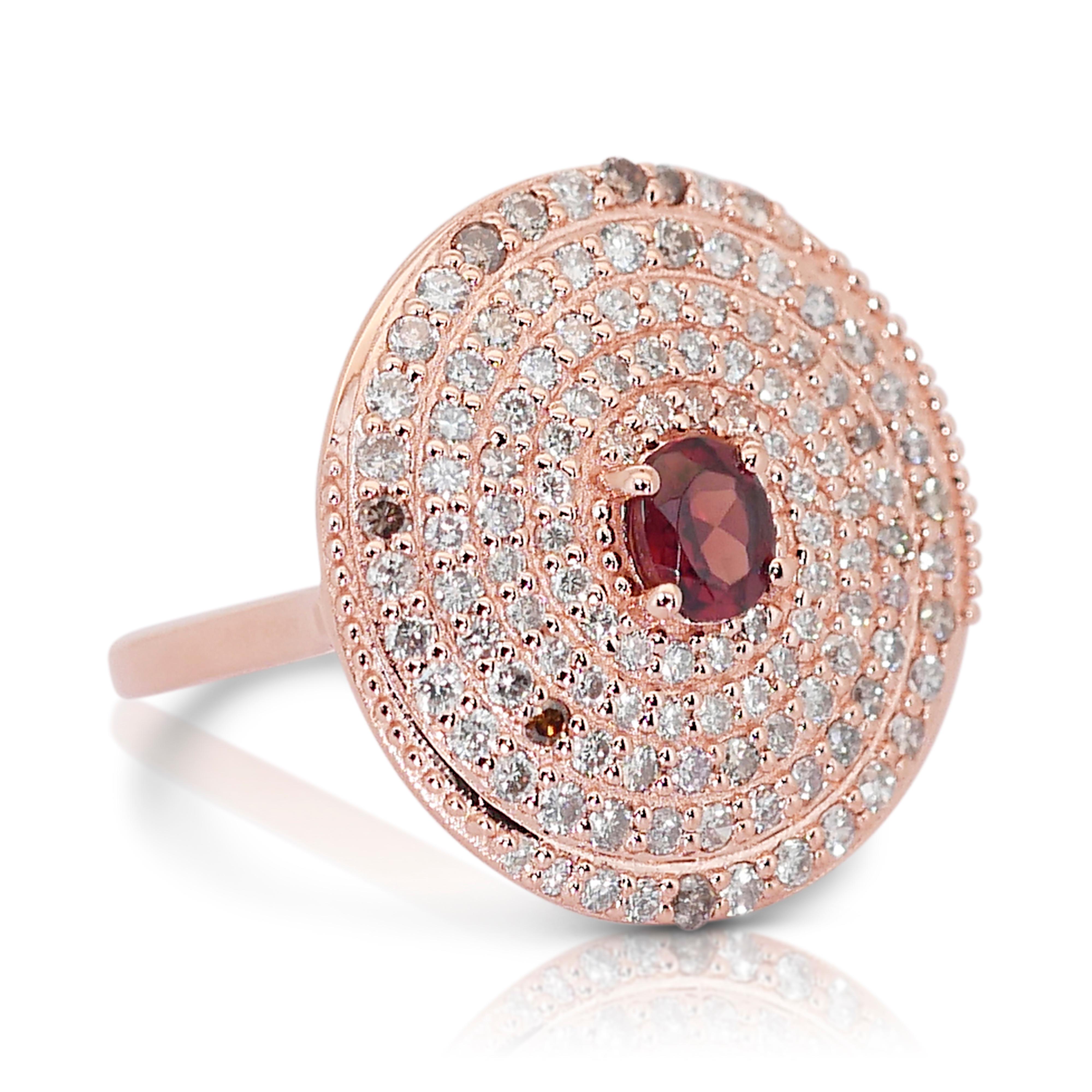 Schillernder Halo-Ring aus 14 Karat Roségold mit Granat und Diamanten mit 2,11 Karat - IGI-zertifiziert (Ovalschliff) im Angebot