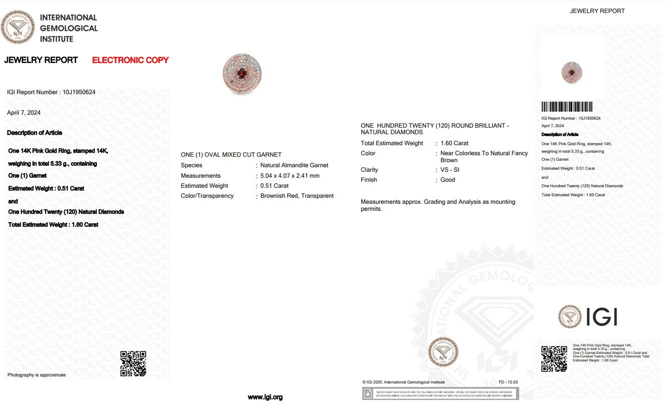 Women's Dazzling 14k Rose Gold Garnet and Diamond Halo Ring w/2.11 ct - IGI Certified For Sale