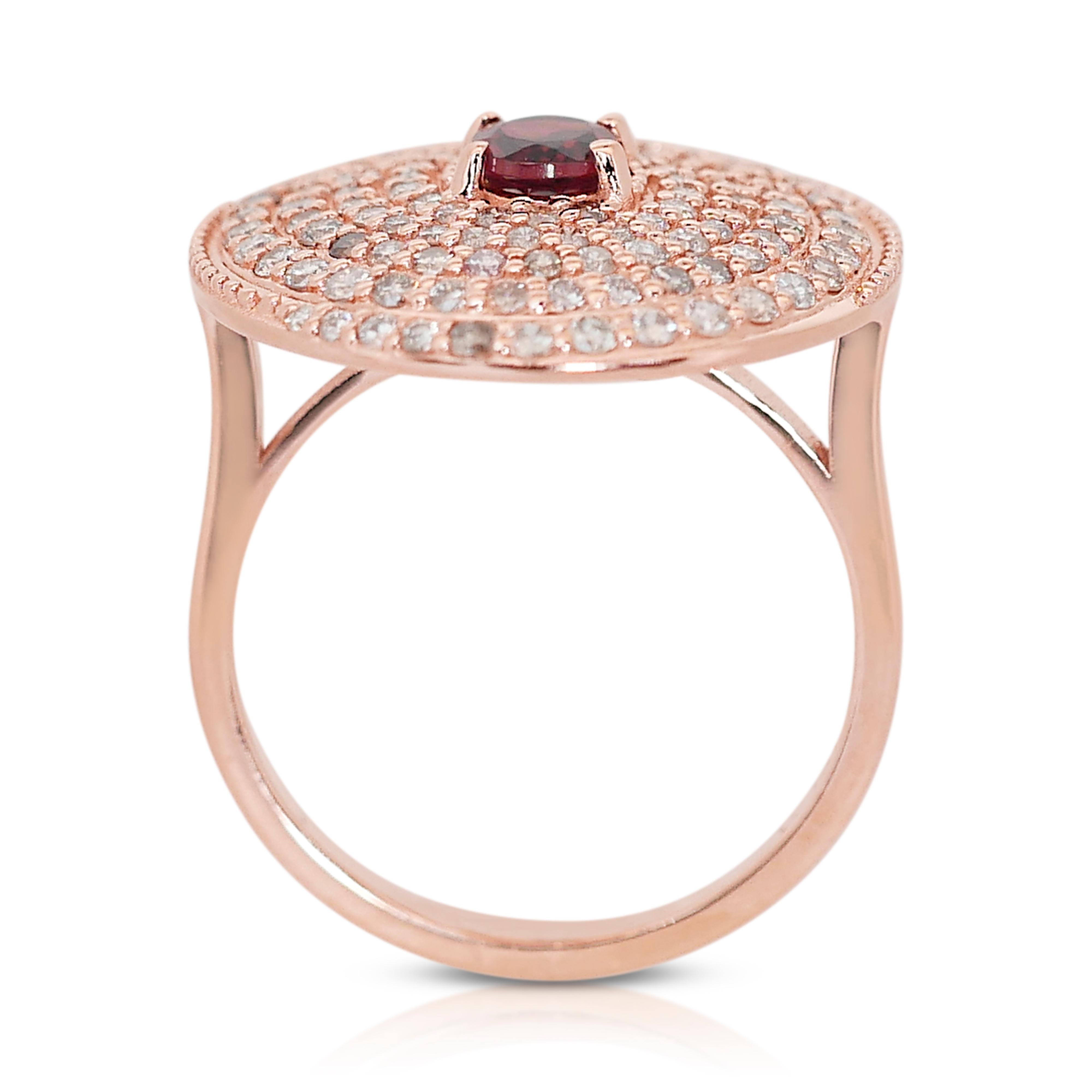 Dazzling 14k Rose Gold Garnet and Diamond Halo Ring w/2.11 ct - IGI Certified For Sale 1