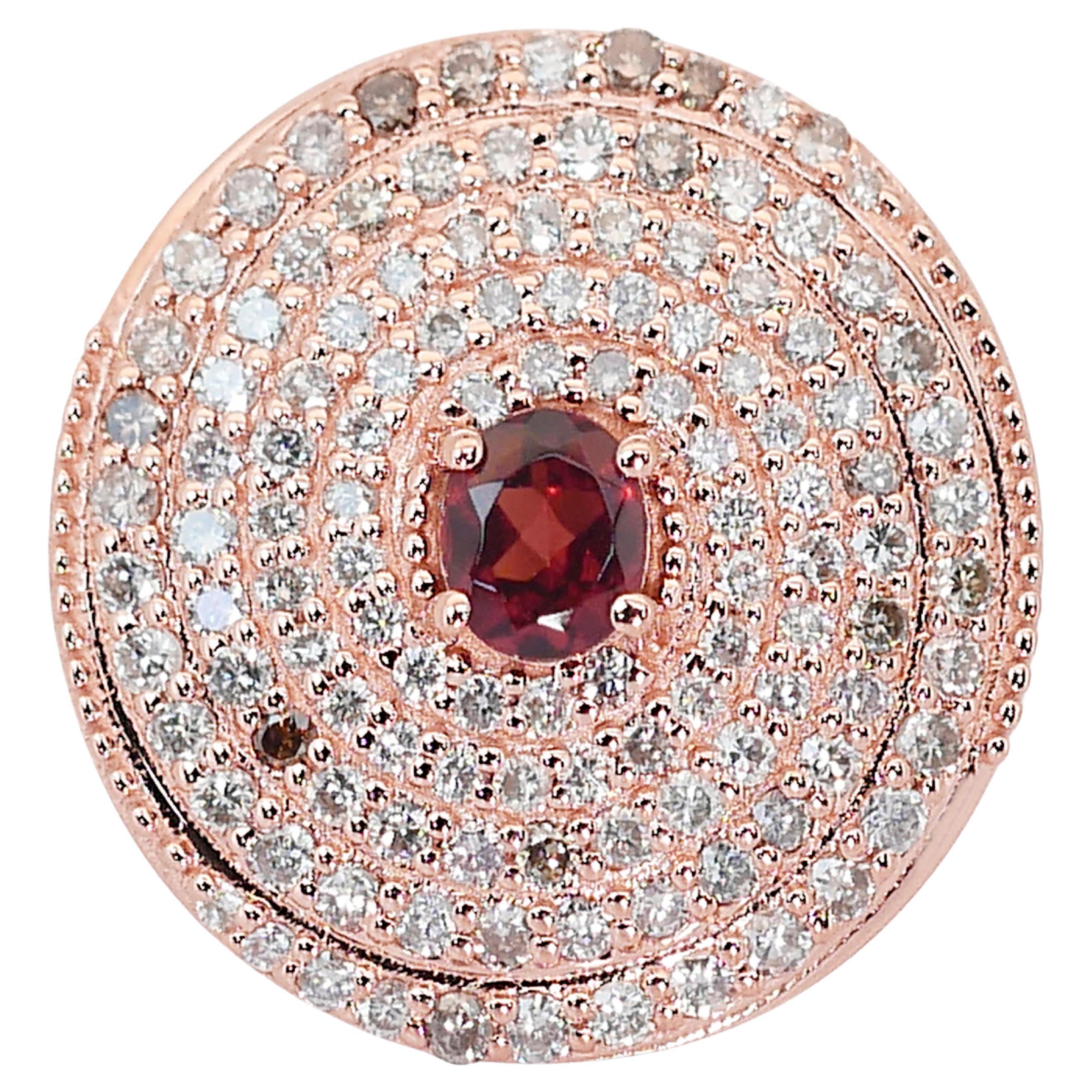 Schillernder Halo-Ring aus 14 Karat Roségold mit Granat und Diamanten mit 2,11 Karat - IGI-zertifiziert im Angebot