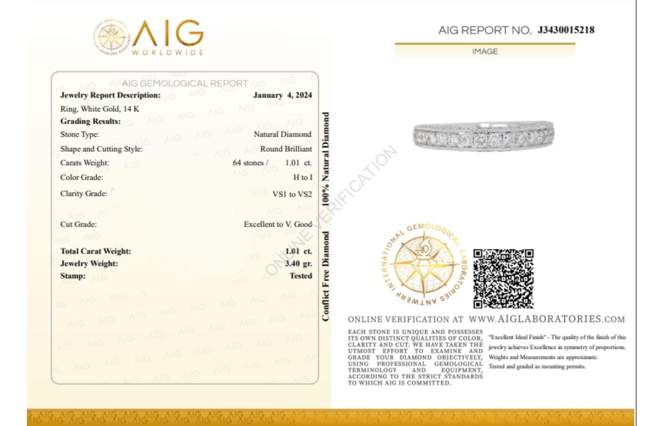 Dazzling 14k White Gold Pave Band Ring with 0.82 Carat Natural Diamonds For Sale 3