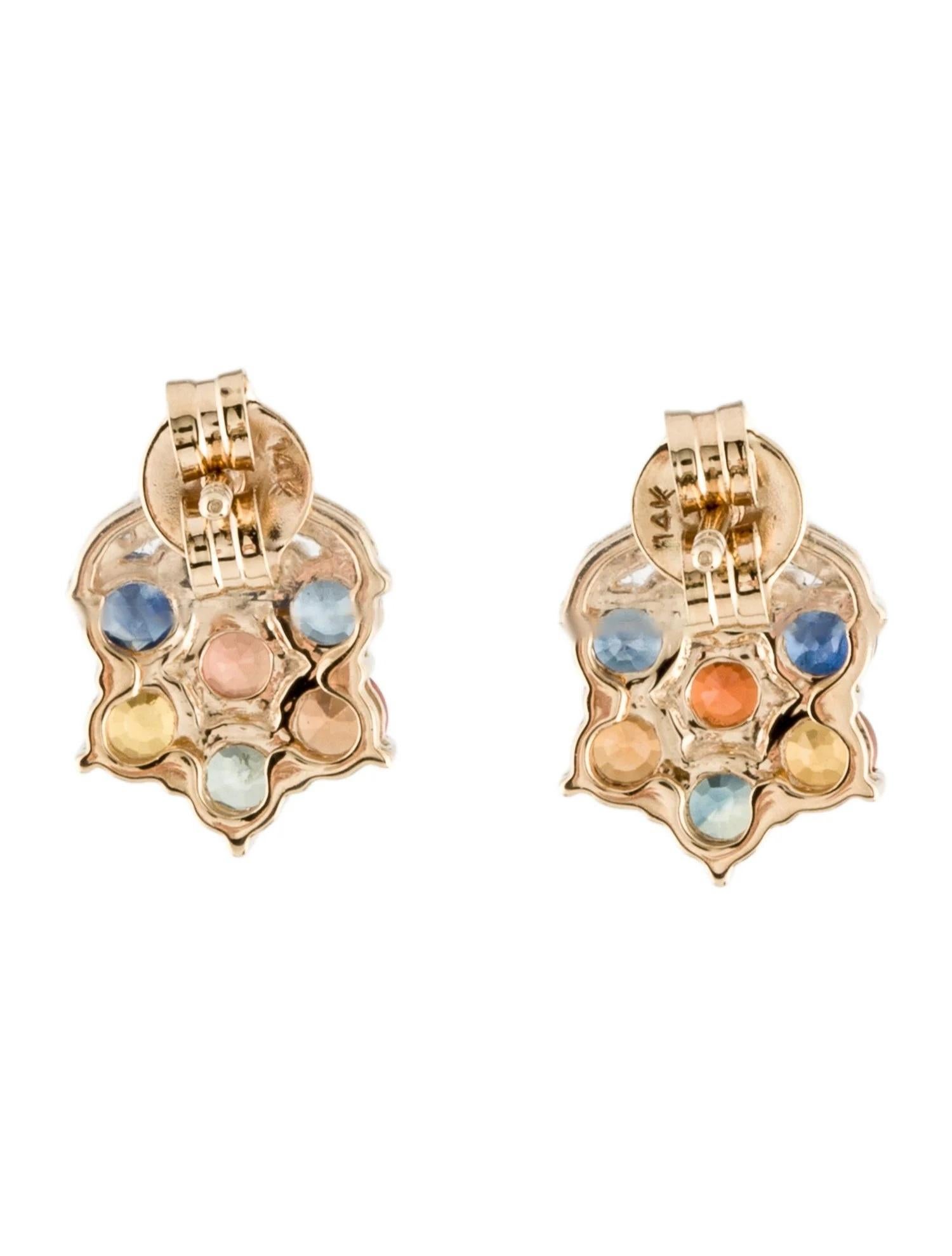 Artist Dazzling 14K Yellow Gold Earrings with Multi-Colored Sapphire and Diamonds For Sale