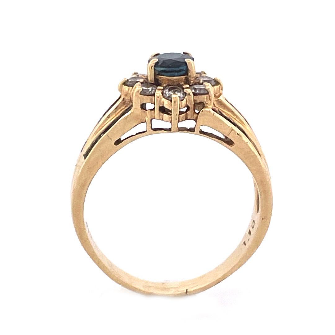 Dazzling 14k Yellow Gold Sapphire Ring

Experience the ultimate in luxury with this stunning 14k yellow gold ring. Featuring a sparkling oval sapphire at its center, surrounded by a halo of round-cut diamonds and three lines of diamond sapphire