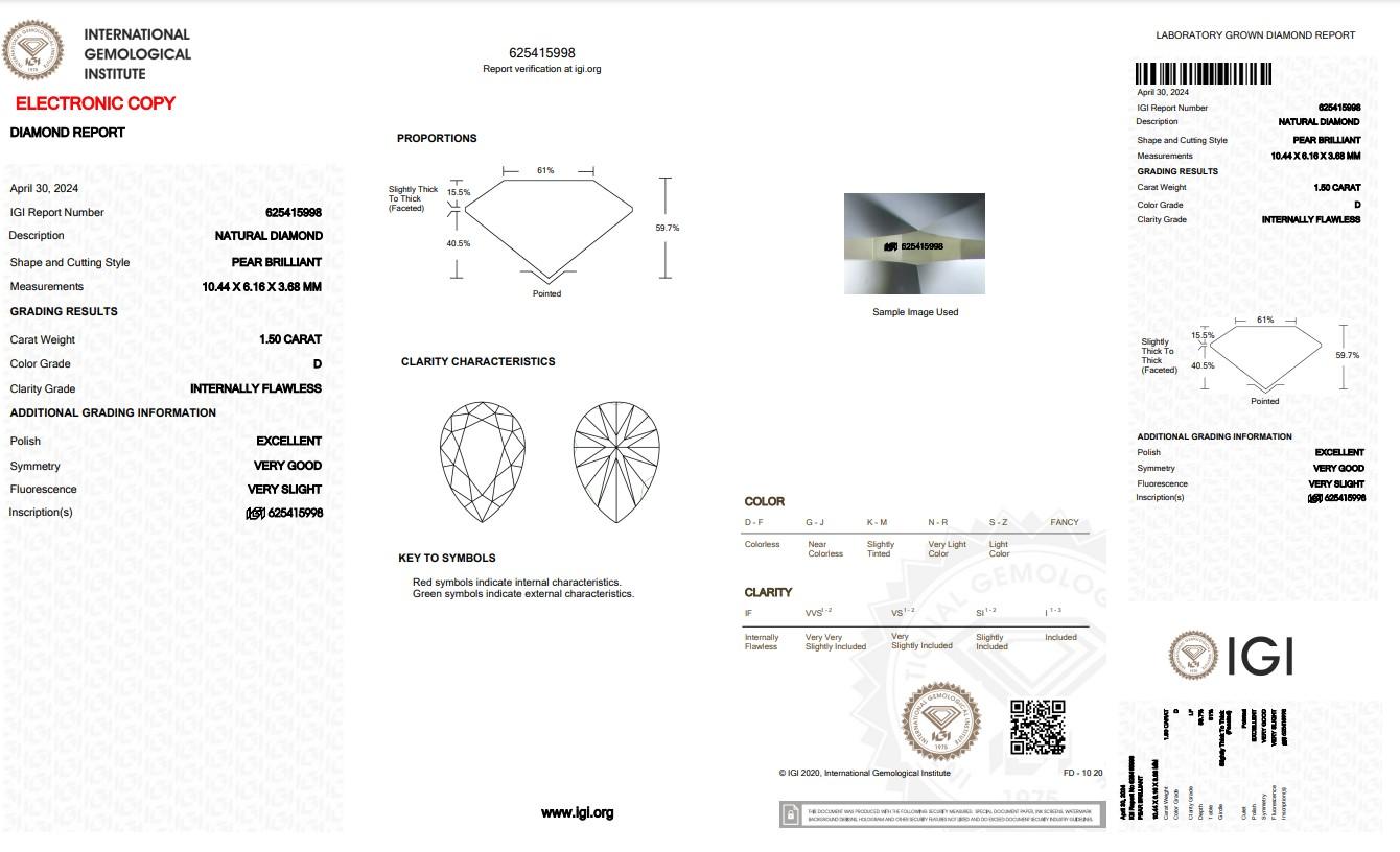 Schillernder 1,50ct Idealschliff birnenförmiger Diamant - IGI-zertifiziert - Spitzenqualität Dif (Tropfenschliff)