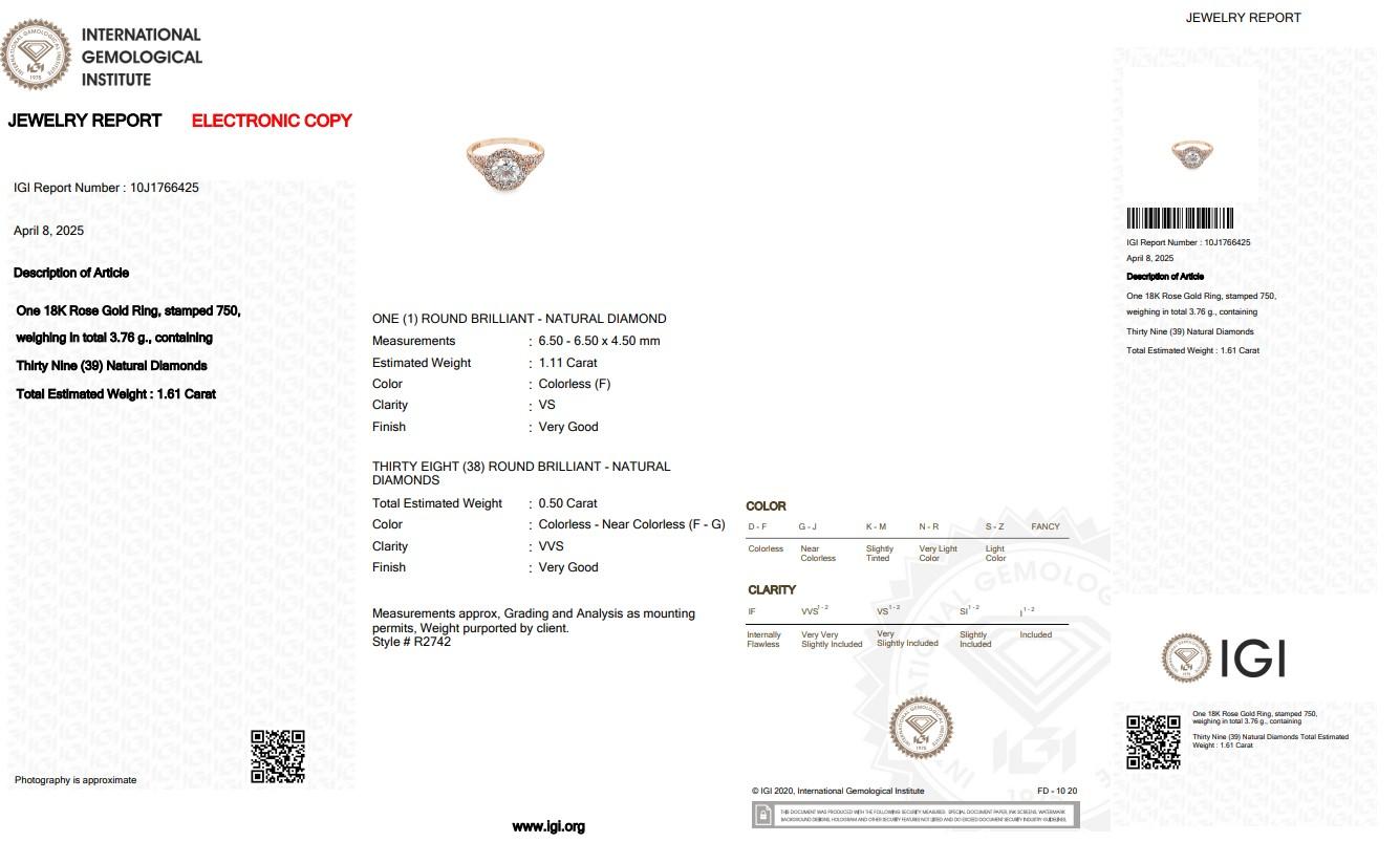 Abbagliante anello aureolato con 1,61 carati di diamanti in oro rosa 18 carati - certificato IGI in vendita 1