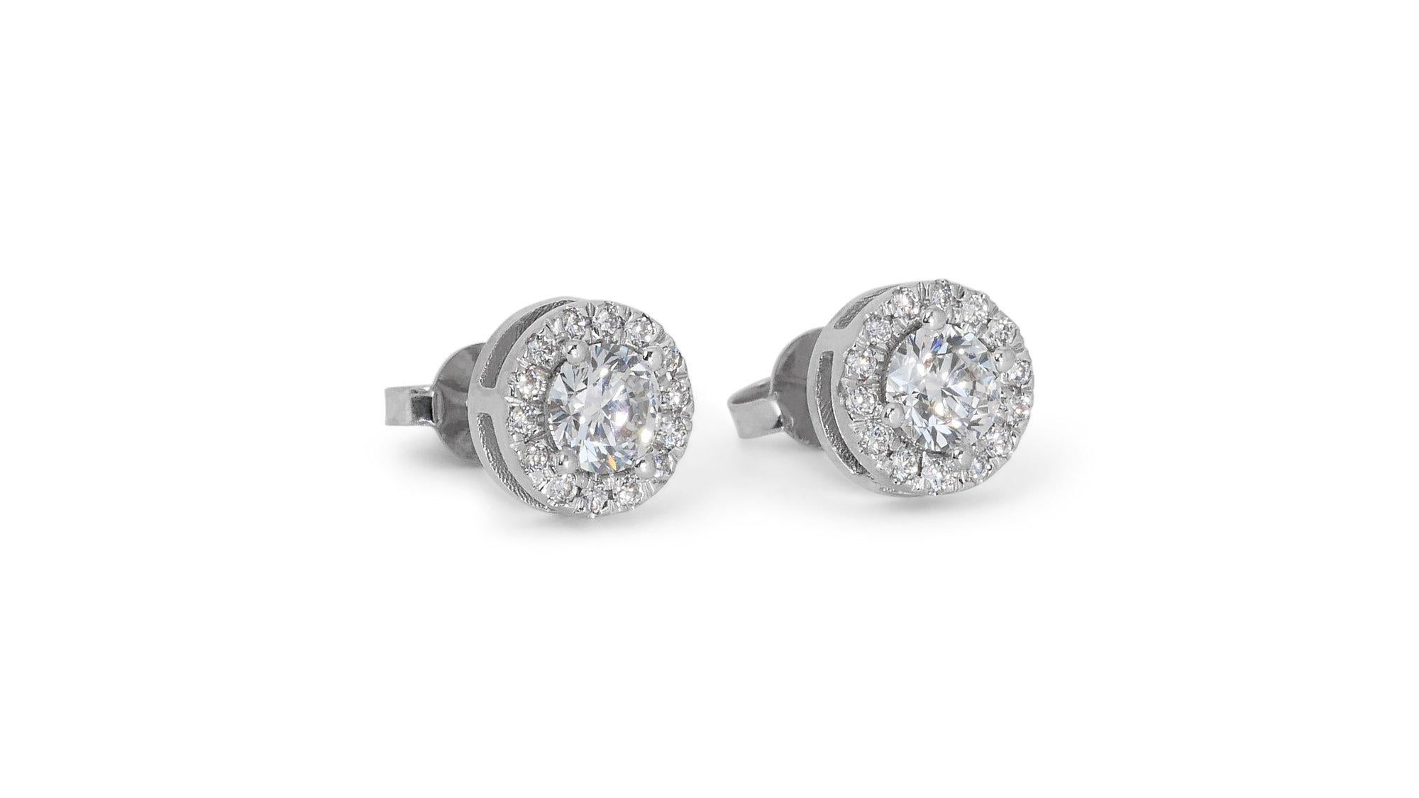 Brilliant Cut Dazzling 1.65ct Diamond Halo Stud Earrings in 18k White Gold - GIA Certified For Sale