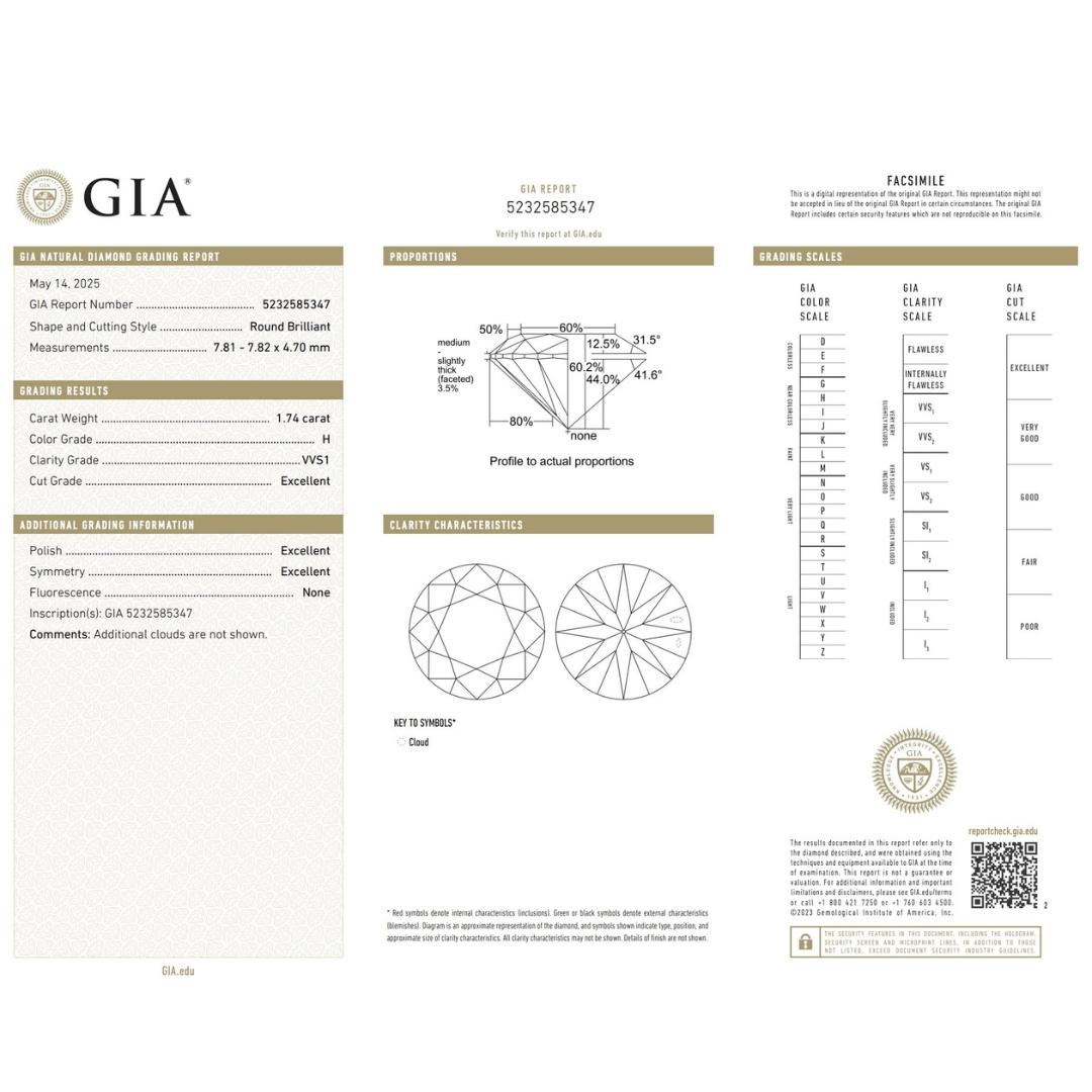 Abbagliante diamante rotondo a taglio ideale triplo eccellente da 1.74 carati - certificato GIA

Questo straordinario diamante tondo brillante da 1,74 carati è un vero e proprio pezzo da novanta, che vanta il triplo grado di eccellenza per taglio,