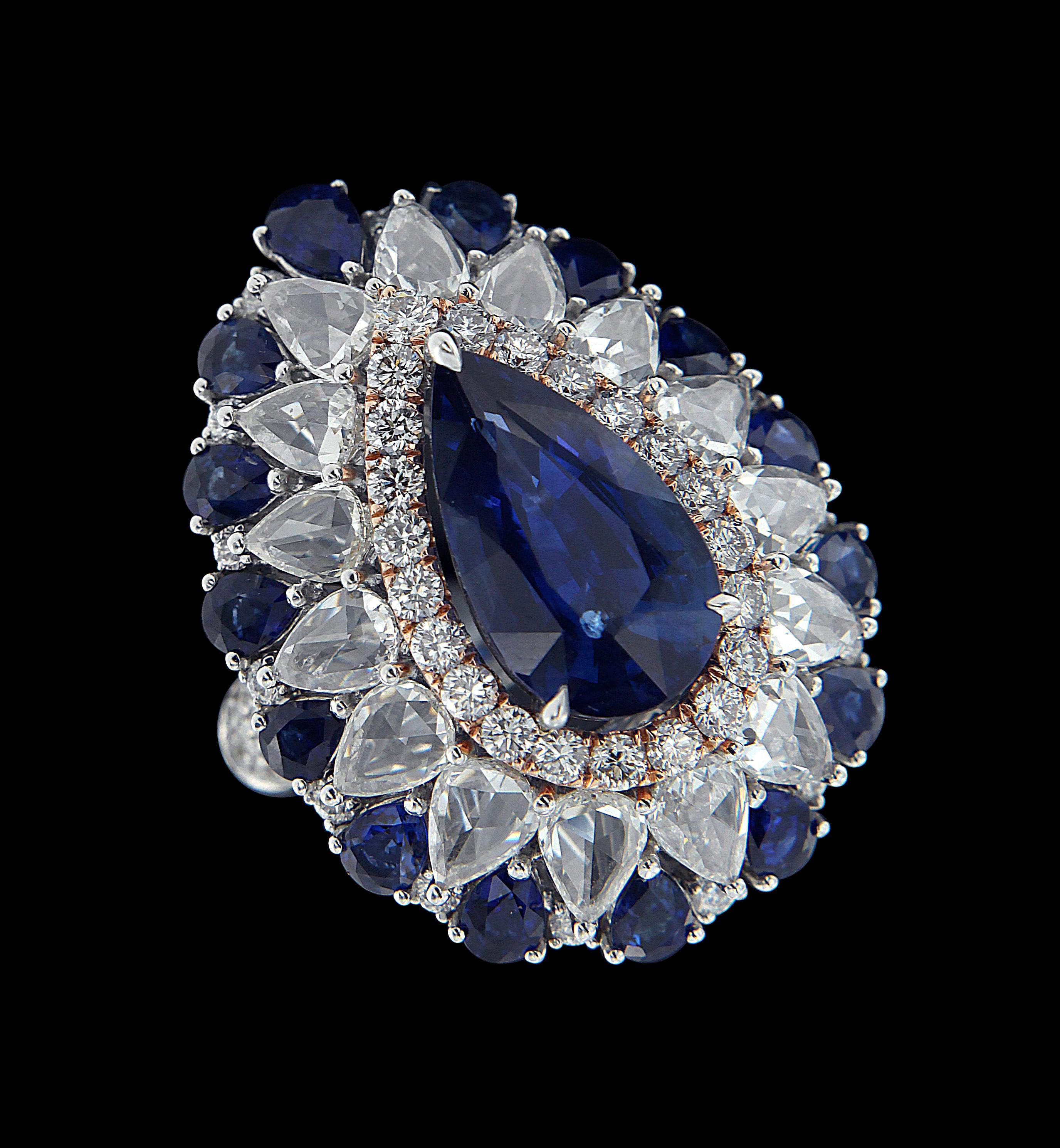 Pear Cut Dazzling 18 Karat White Gold, Diamond, and Sapphire Ring For Sale