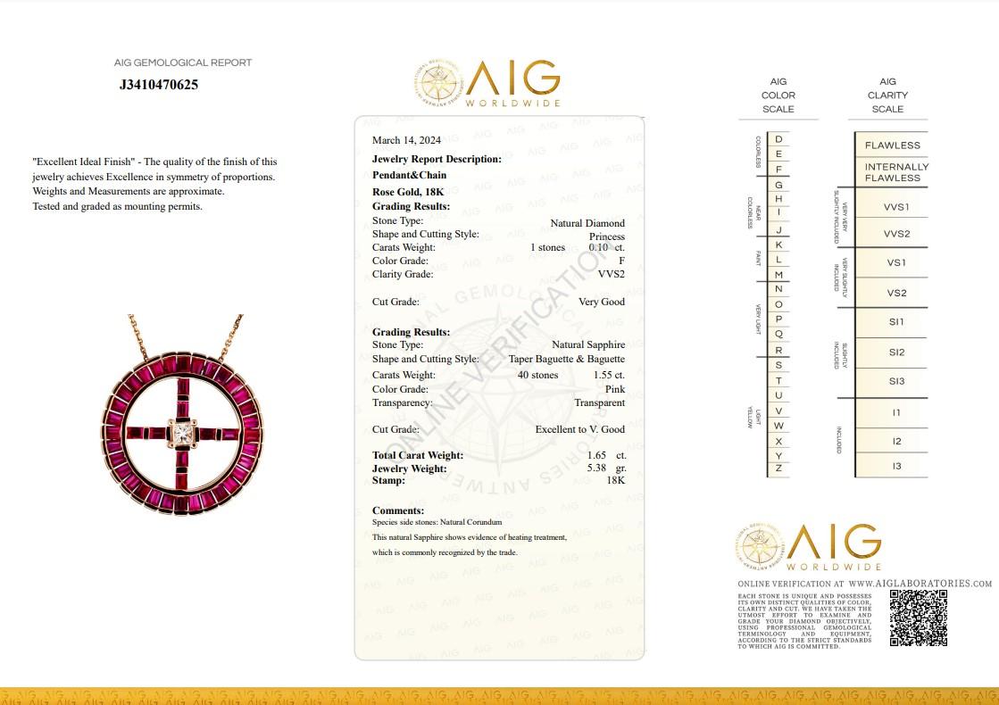 Éblouissant collier en or rose 18 carats, diamants et saphirs de 1,65 carat, certifié AIG Pour femmes en vente